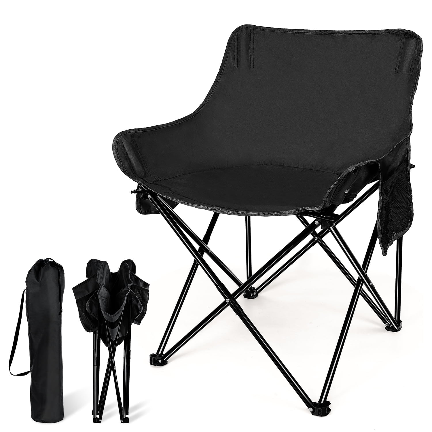Coliware Outdoor Folding Camping Moon Chair, Oversized Padded Round Saucer Chair with Carry - Black