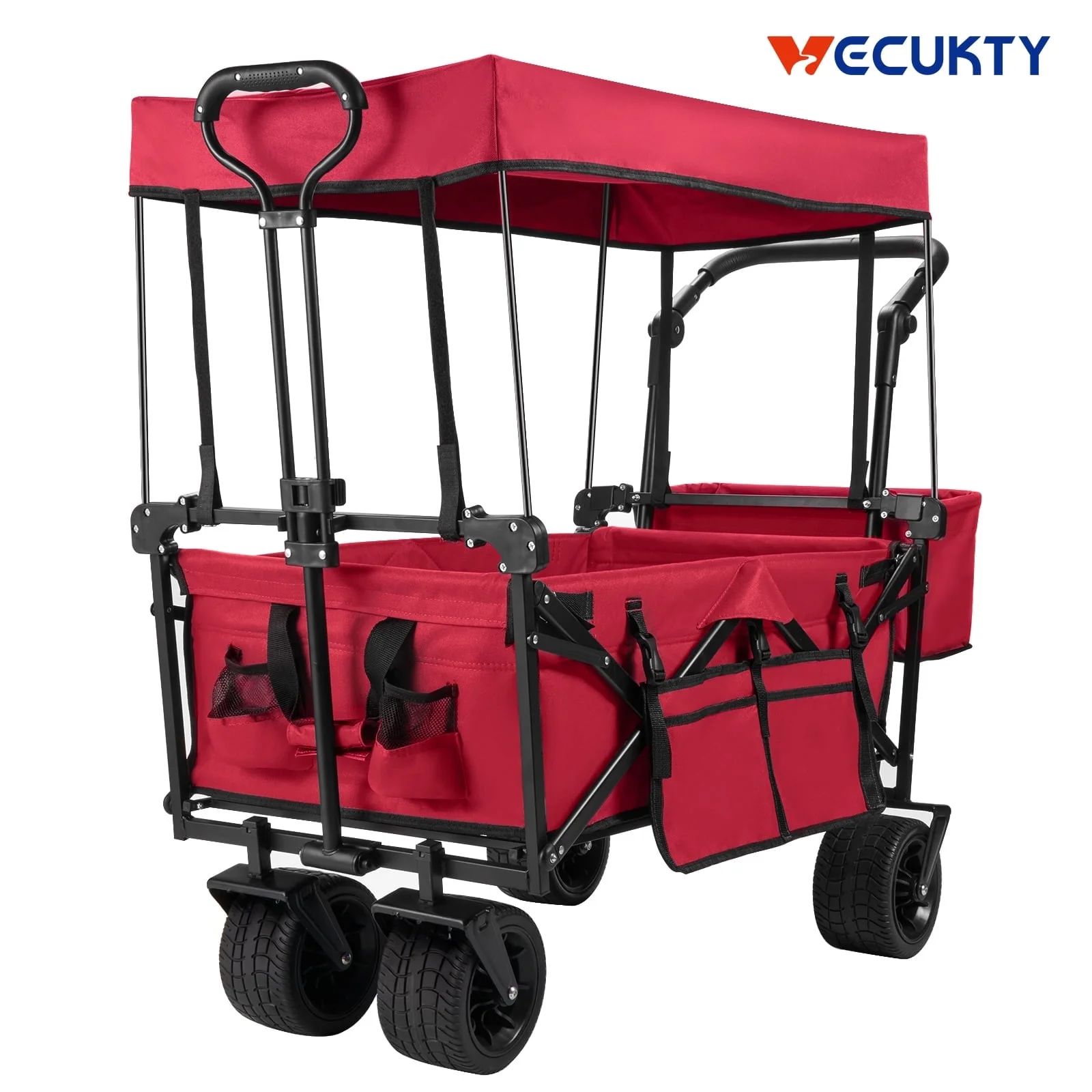 VECUKTY Collapsible Garden Wagon Cart with Removable Canopy Red