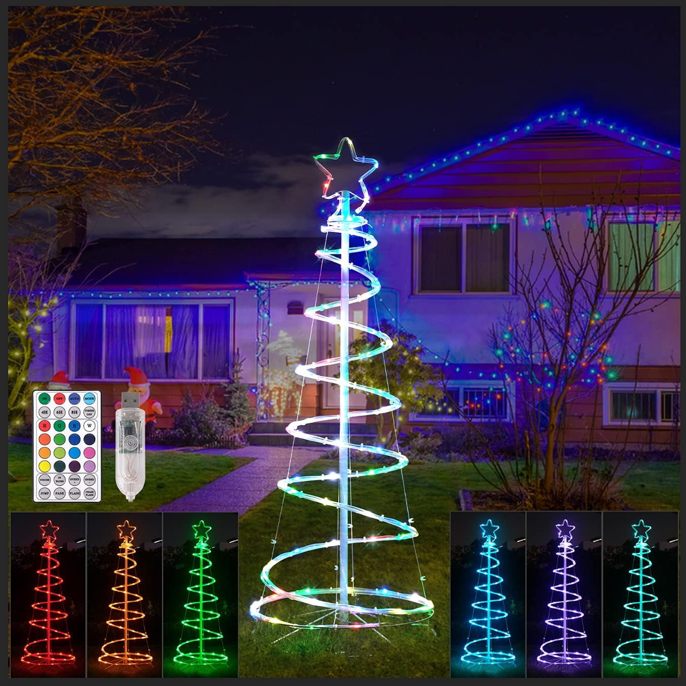 Colorful Lighted Spiral Christmas Tree Lights with Remote, 4FT