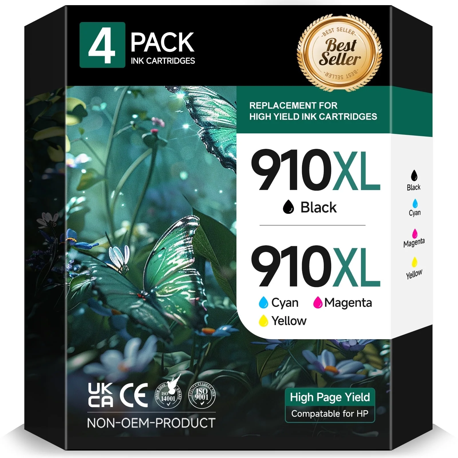 910 Ink Cartridge Compatible for HP 910 910XL Ink Cartridges (Cyan Magenta Yellow Black), 4 Pack
