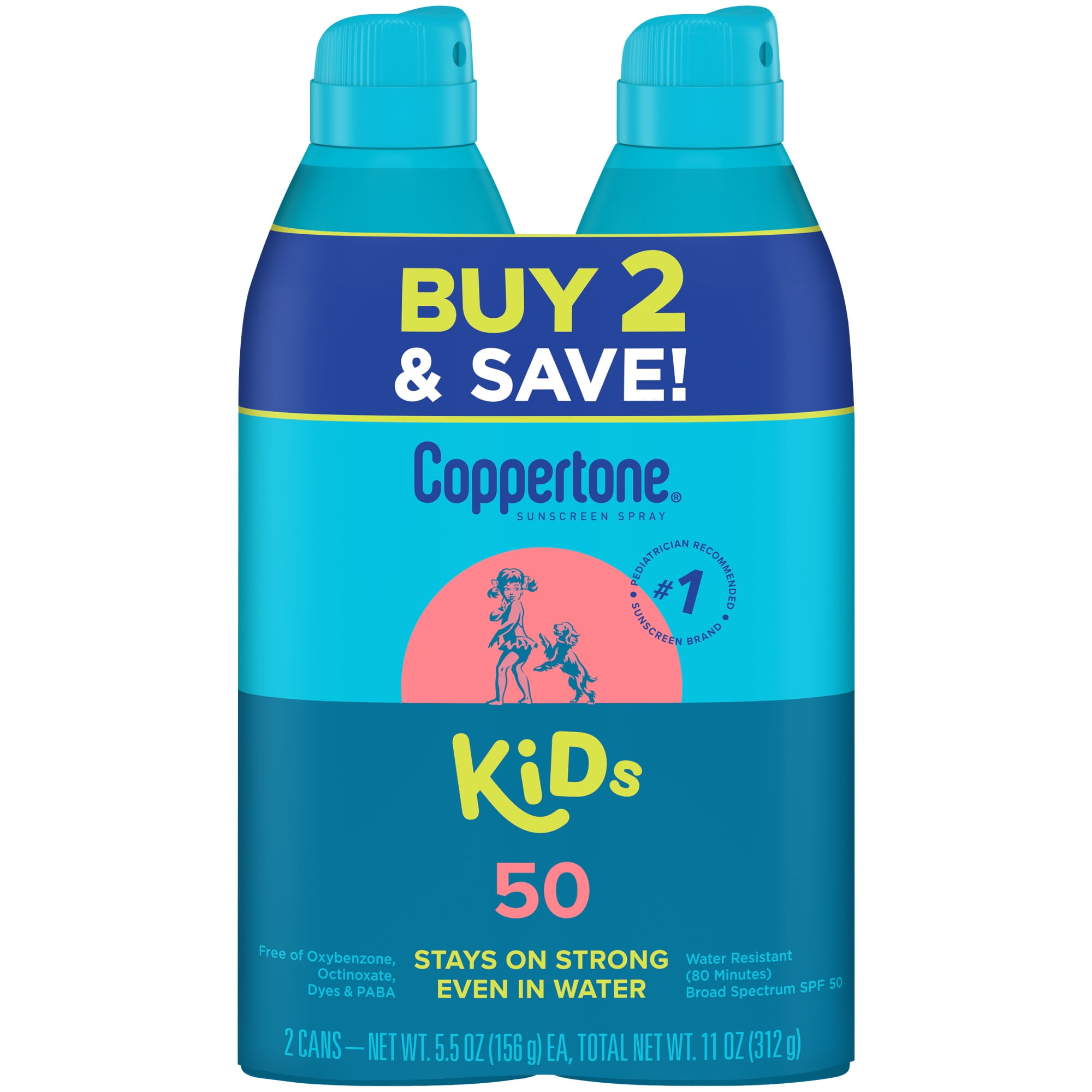 Coppertone Kids Sunscreen Spray, SPF 50 Spray Sunscreen for Kids, 5.5 Oz, Pack of 2