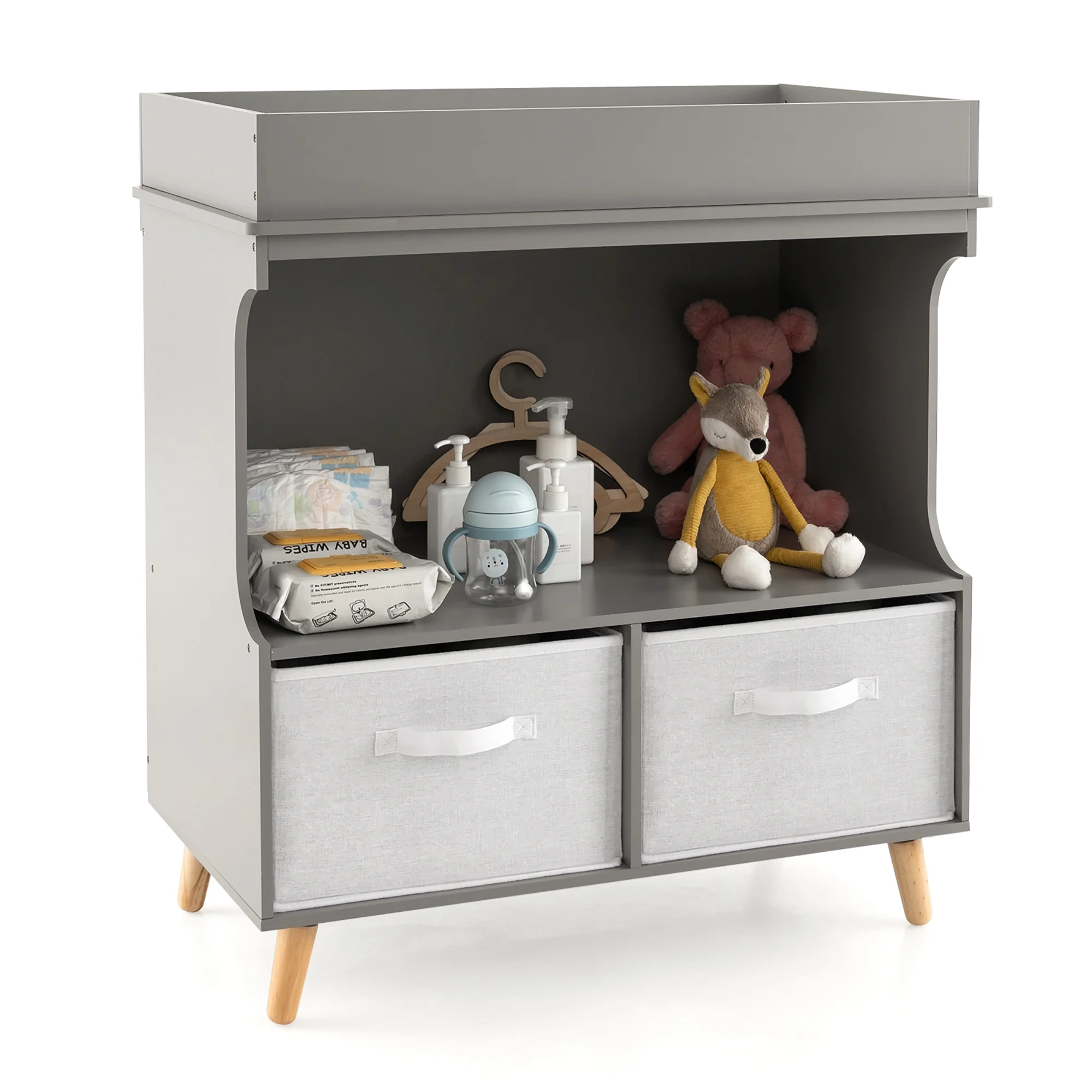 Costway Baby Changing Table Dresser Infant Diaper Station Nursery with Pad & Drawers Gray