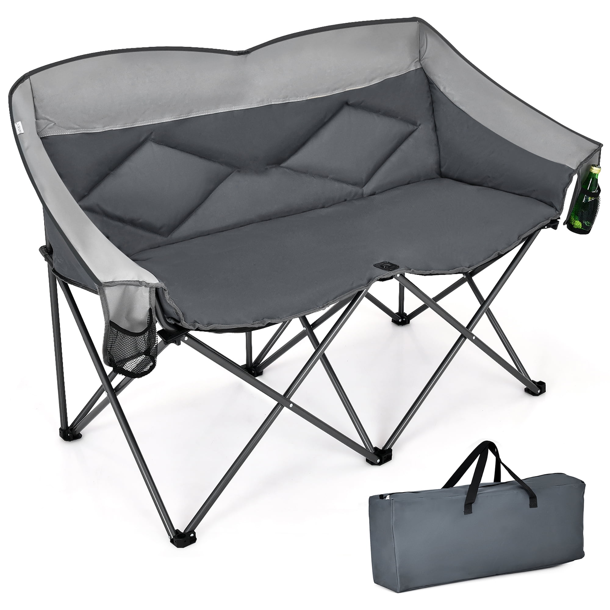 Costway Folding Camping Chair Loveseat Double Seat w/ Bags & Padded Backrest Gray