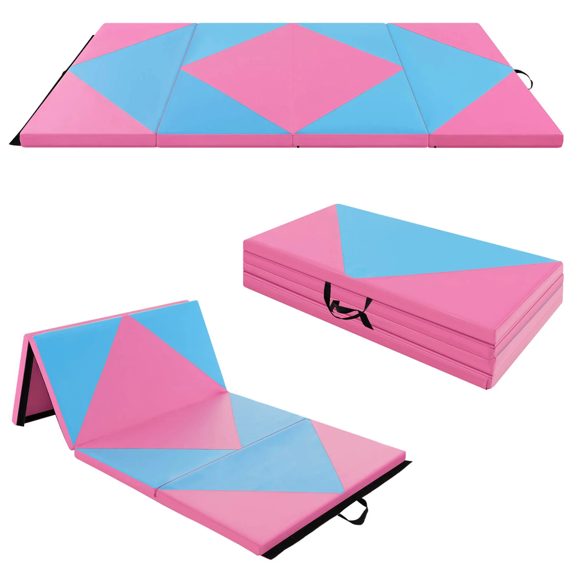 Costway Folding Gymnastics Mat 8' x 4' x 2'' PU Leather Tumbling Exercise Mat Yoga Gym Pink+Blue