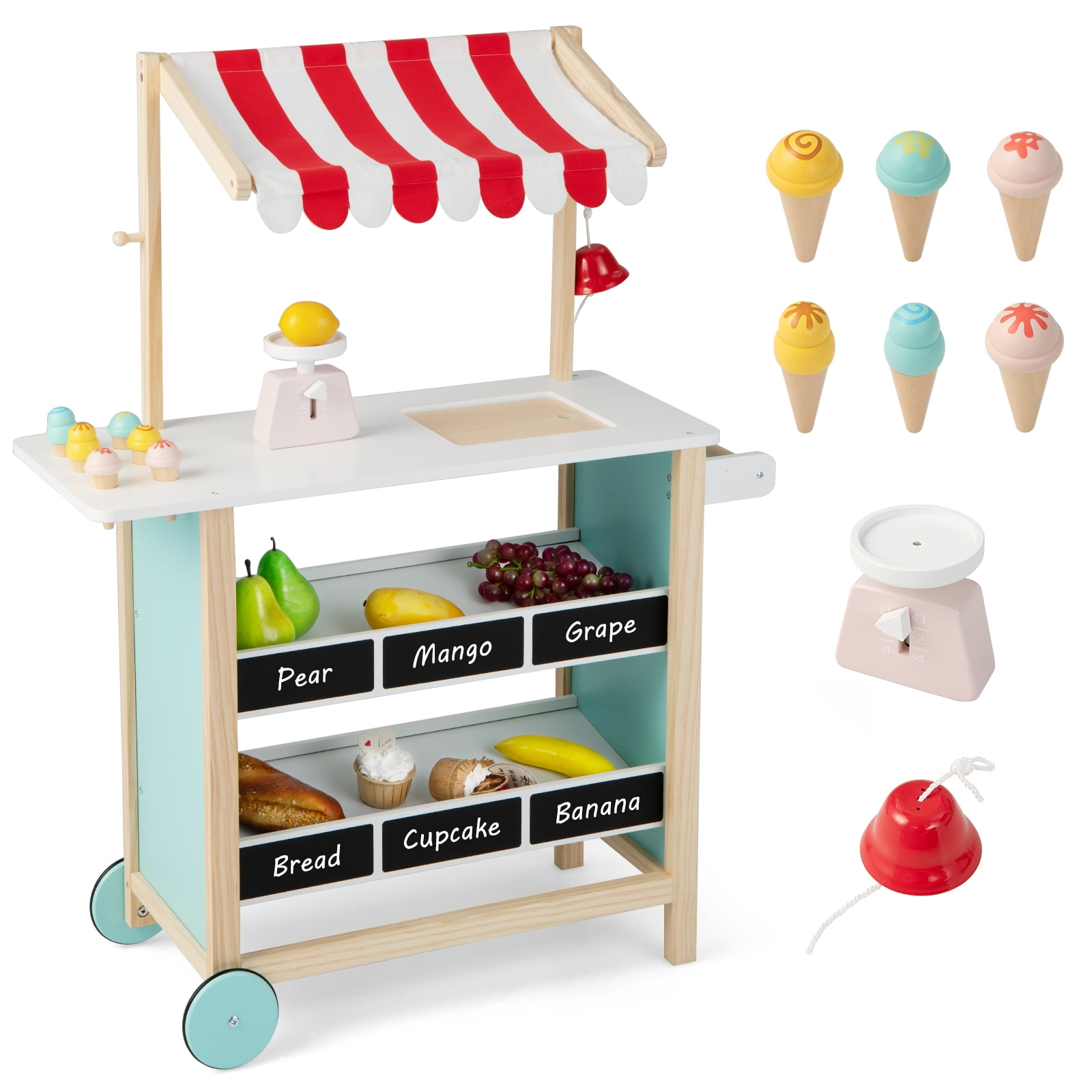 Costway Kids Ice Cream Cart Wooden Toddler Farmers Market Stand W/ Chalkboard & Storage
