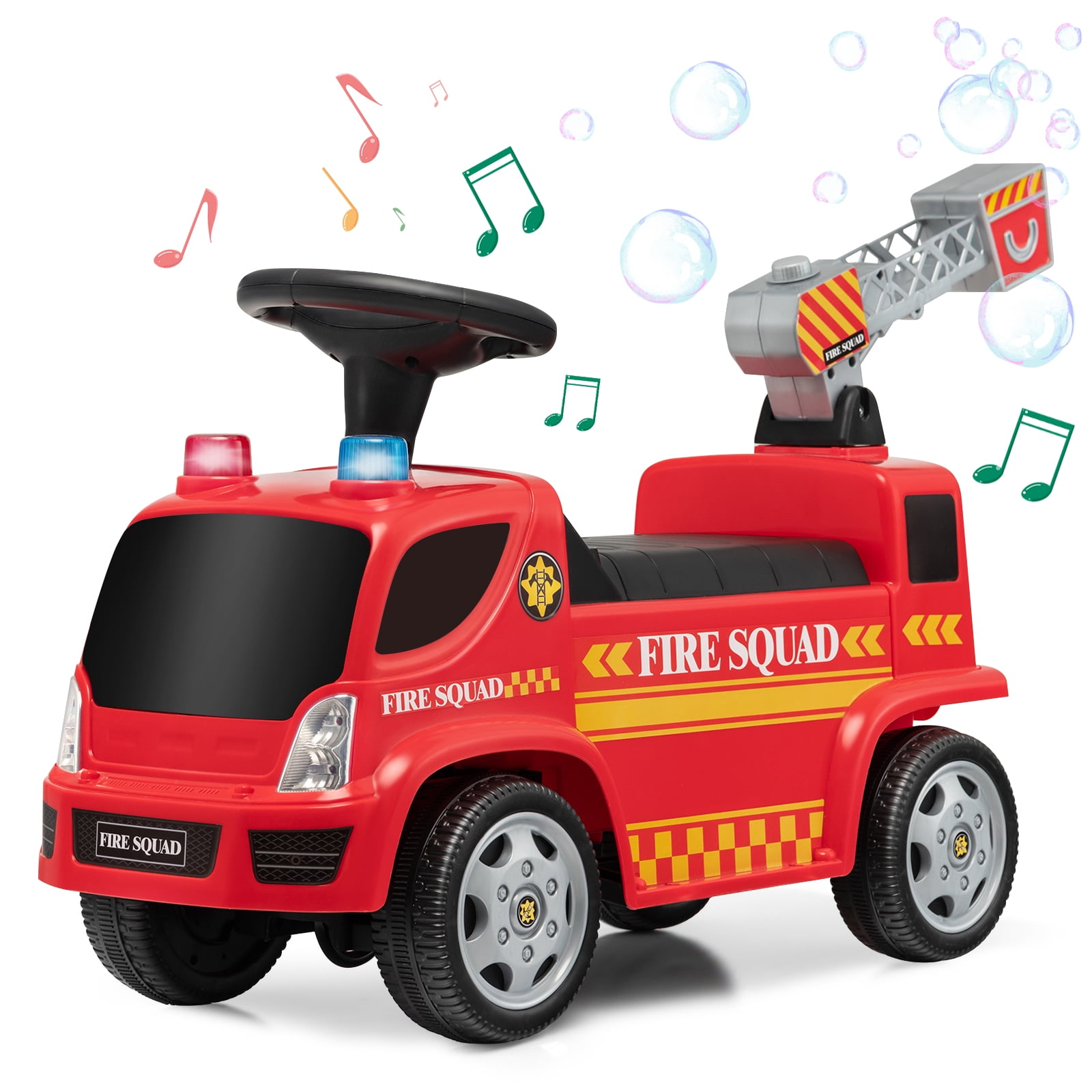 Costway Kids Ride On Fire Truck Foot-to-Floor Sliding Push Car w/ Music & Bubble Maker