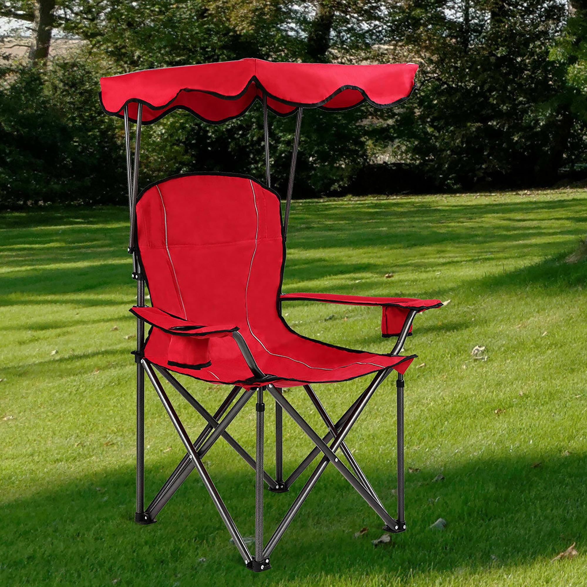Costway Portable Folding Beach Canopy Chair W/ Cup Holders Bag Camping Hiking Outdoor Red