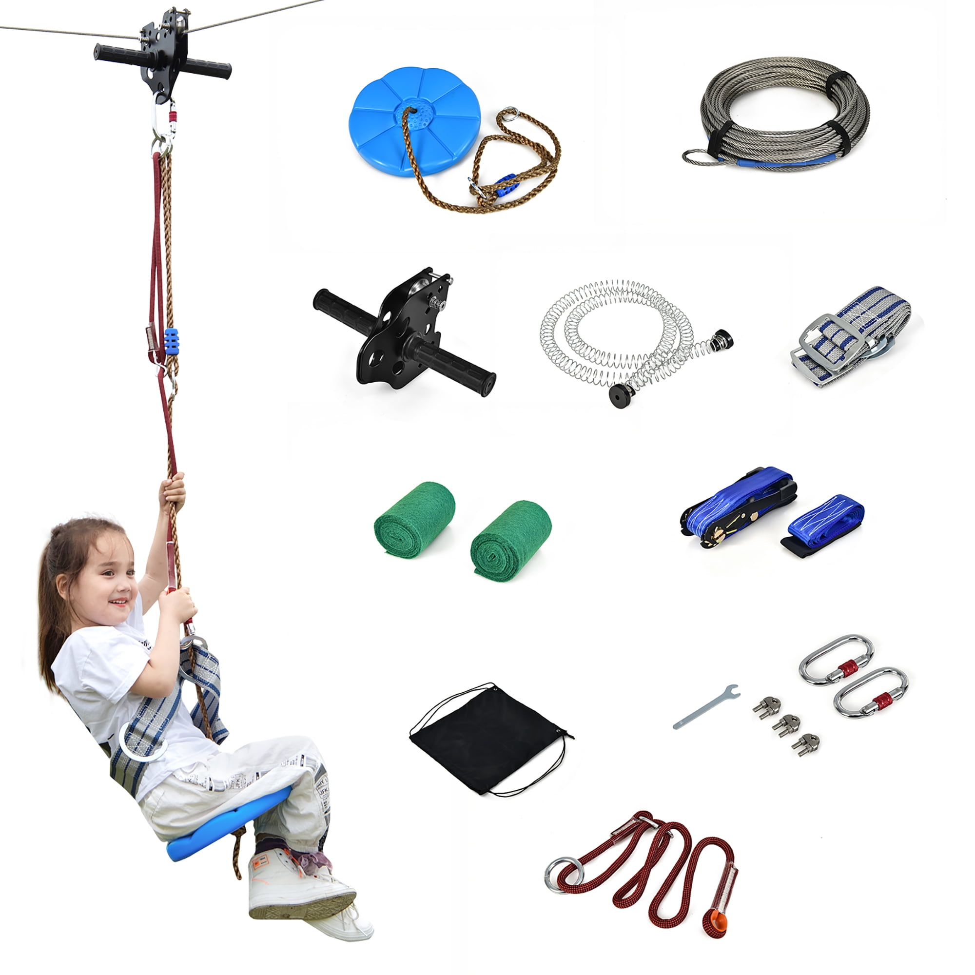 Costway 100FT Zipline Kit for Backyard Kids Adults w/ Stainless Steel Spring Brake Seat