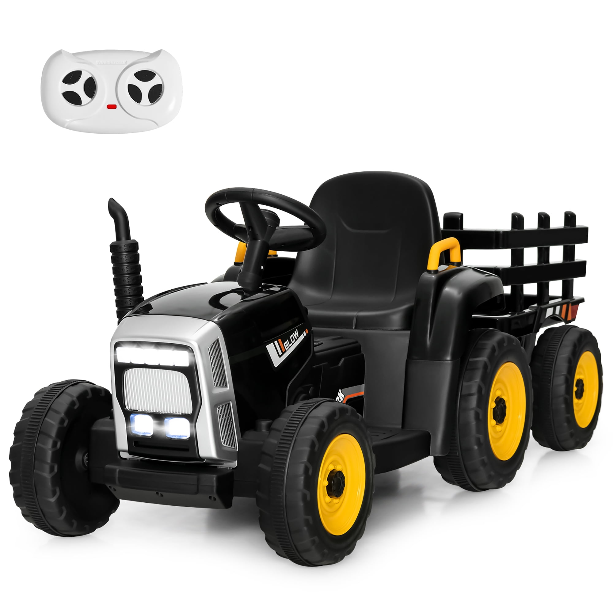 Costway 12V Kids Ride On Tractor with Trailer Ground Loader w/ RC & Lights Dark Black