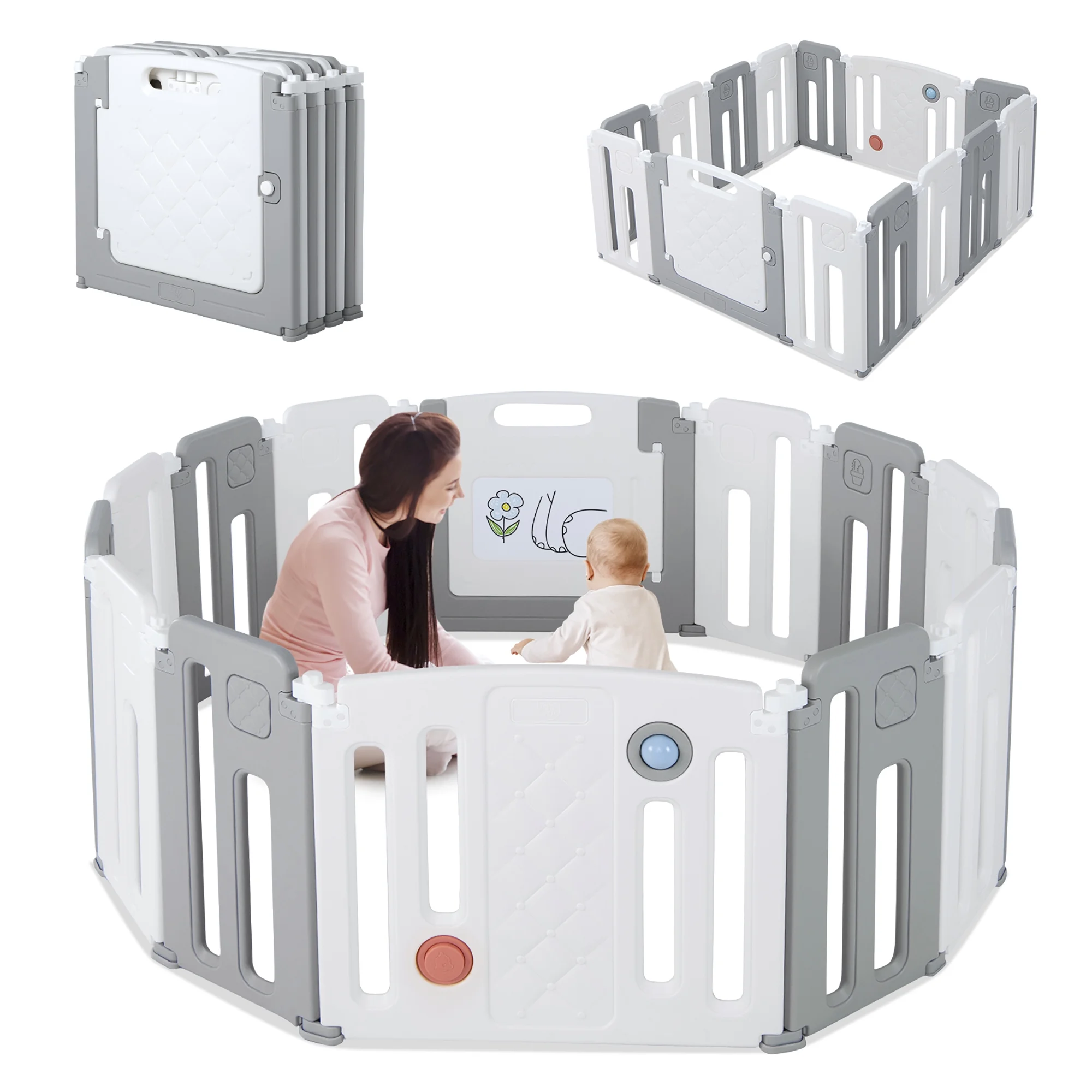 Costway 14 Panels Baby Safety Playpen Kids Safety Activity Play Center with Drawing Board Gray