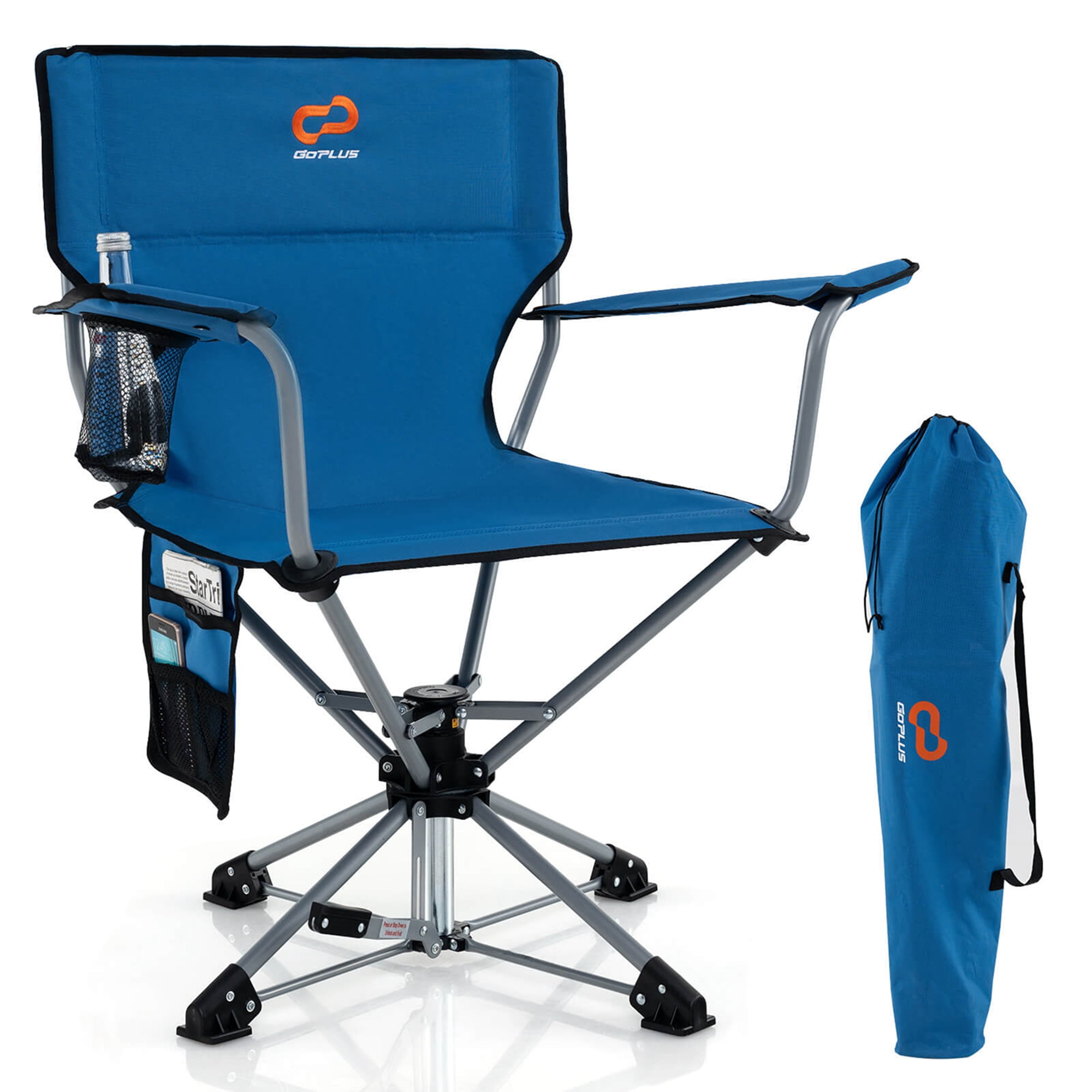 Costway 360° Swivel Hunting Chair with Mesh Cup Holder & Storage Pockets Cozy Backrest Blue