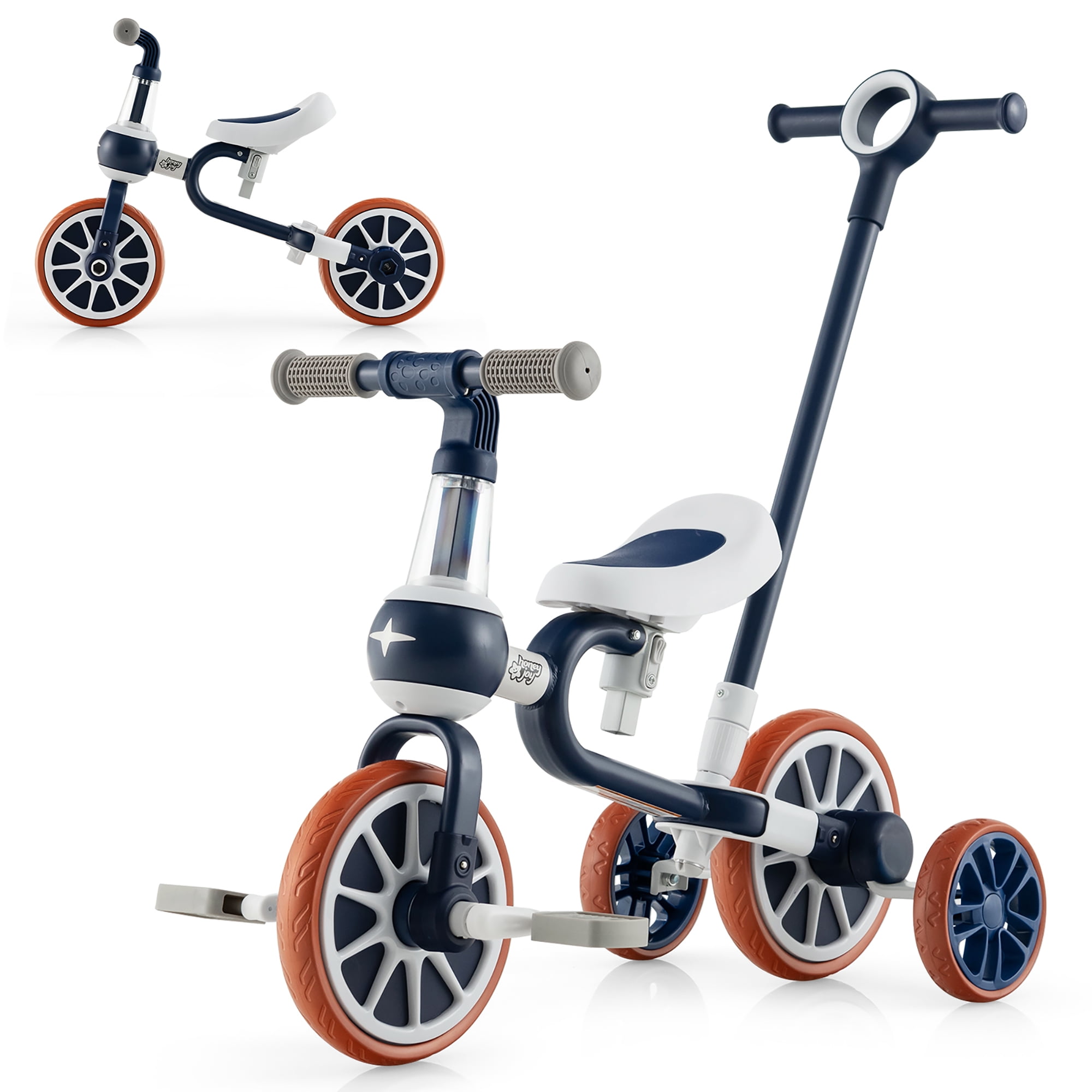 Honeyjoy 4 in 1 Kids Tricycles with Push Handle & Training Wheels Baby Balance Bike Navy