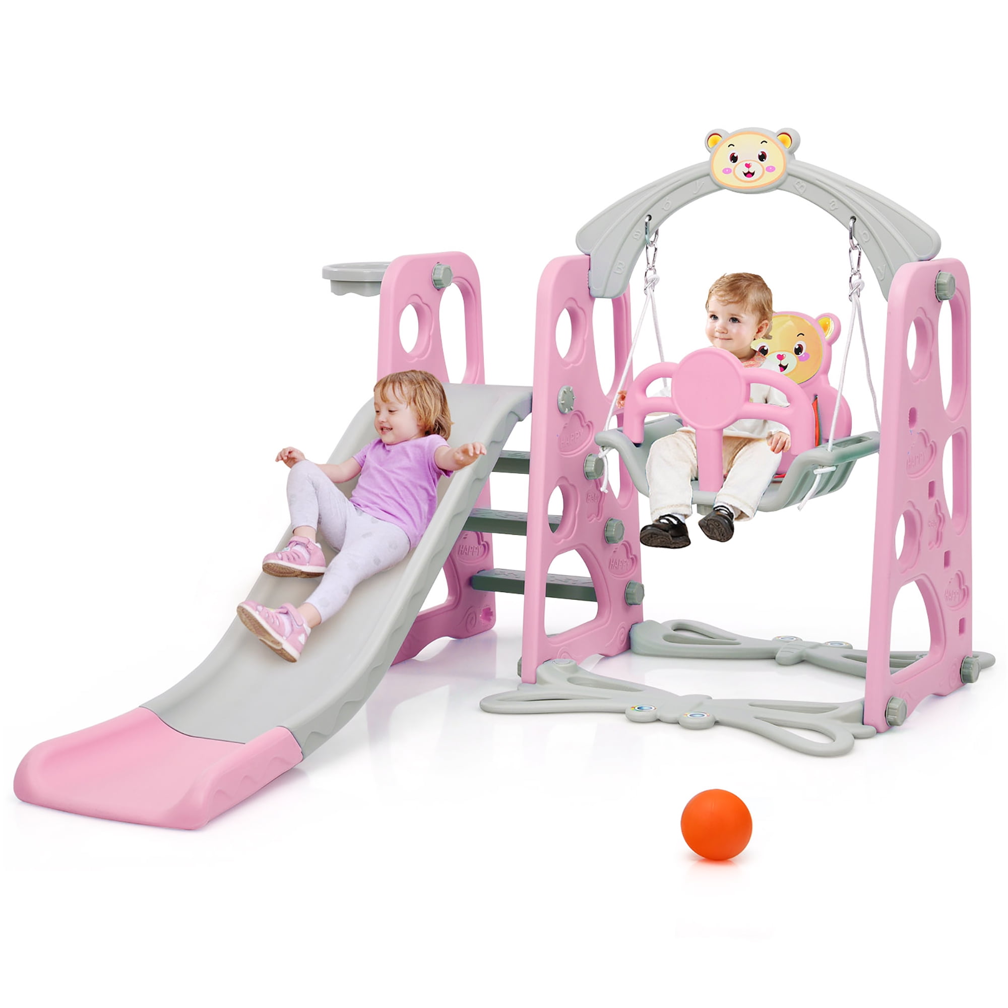 Costway 4-in-1 Toddler Climber and Swing Set w/ Basketball Hoop & Ball Pink