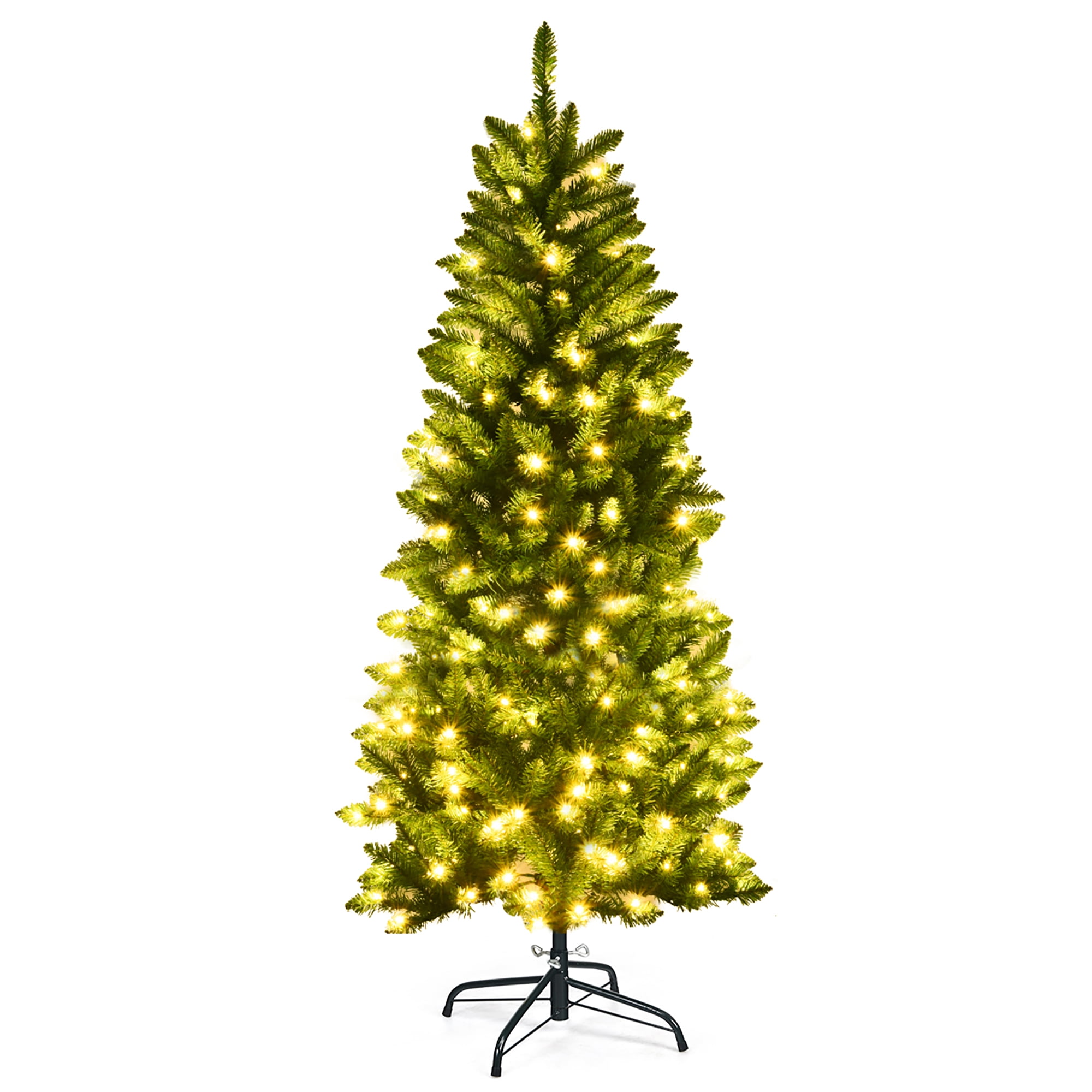 Costway 5Ft Pre-lit Artificial Pencil Christmas Tree Hinged Fir PVC Tree with 150 LED Lights