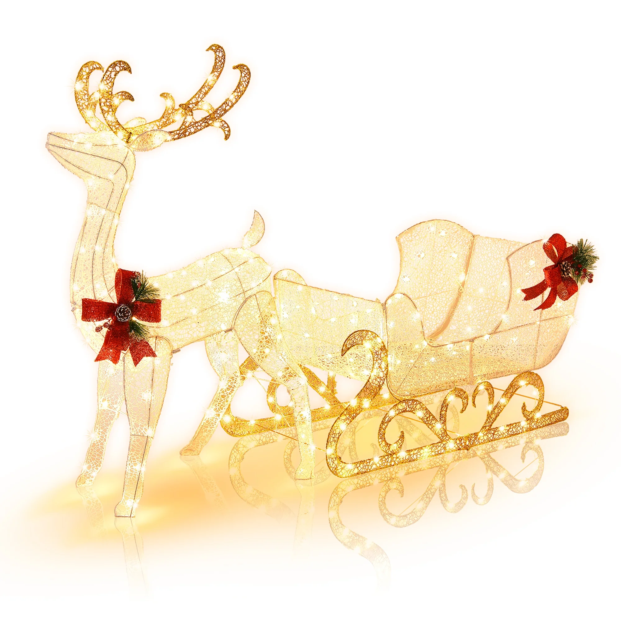 Costway 6 FT Christmas Lighted Reindeer & Santa's Sleigh W/ 215 LED Lights & 4 Stakes Gold