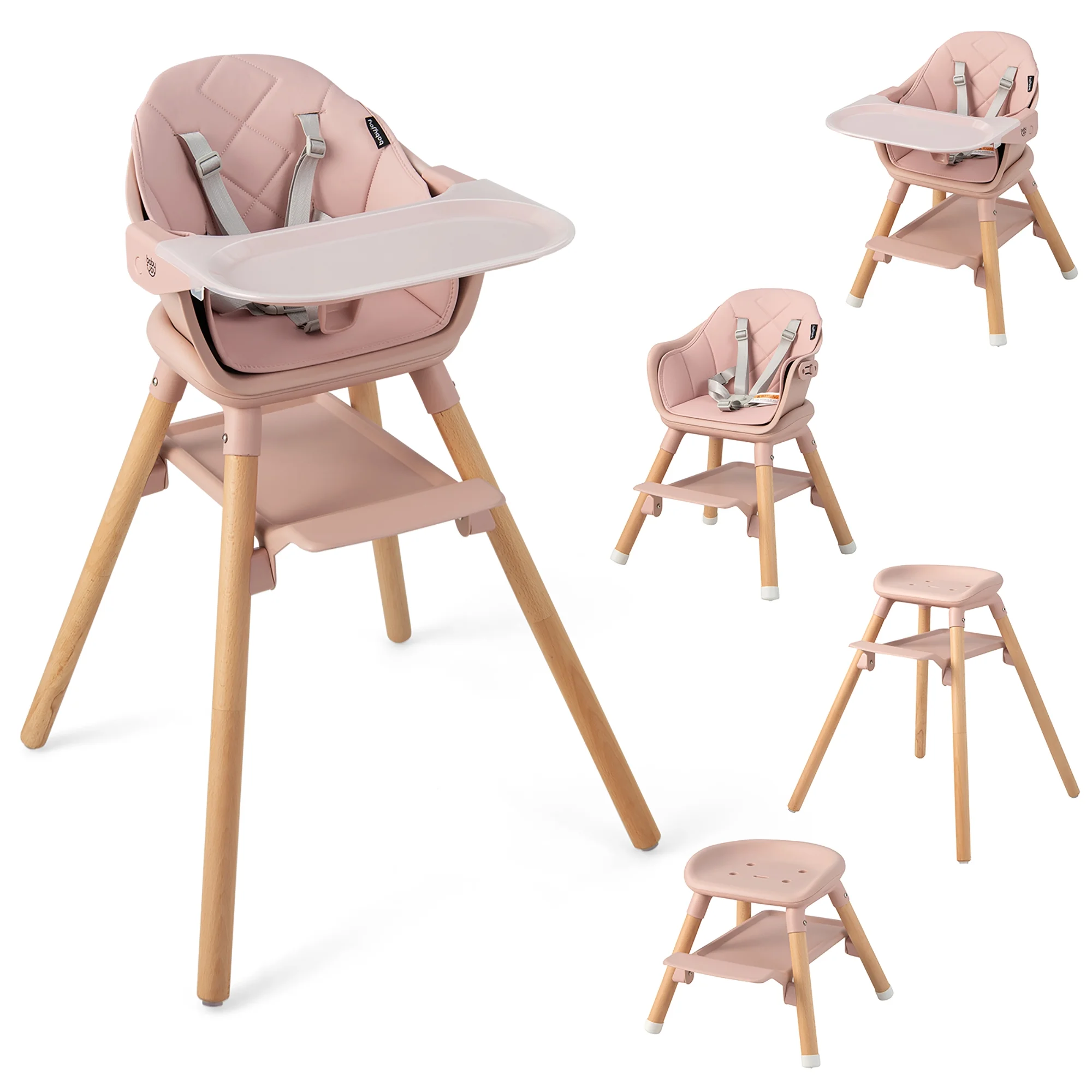 Babyjoy 6-in-1 Convertible Wooden Baby Highchair Infant Feeding Chair with Removable Tray Pink