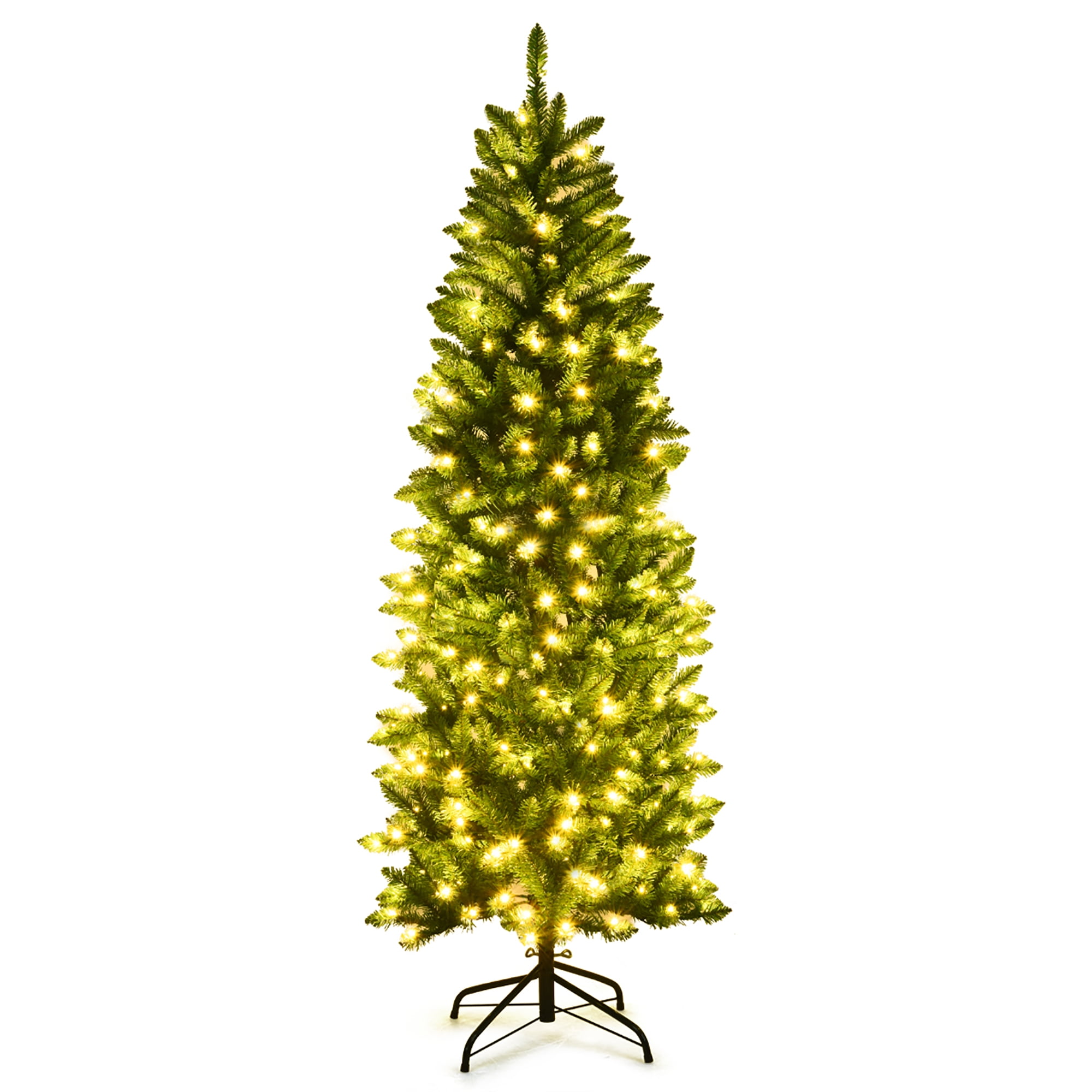 Costway 6Ft Pre-lit Artificial Pencil Christmas Tree Hinged Fir PVC Tree with 250 LED Lights