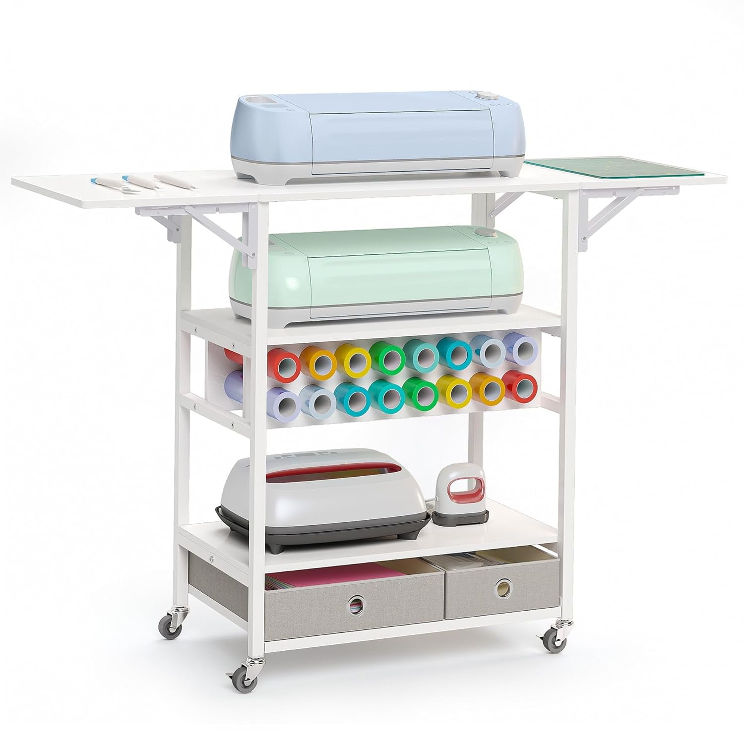 Crafit Circut Table Craft Table Foldable Sewing Table with 16 Vinyl Roll Holder and 2 Storage Drawer