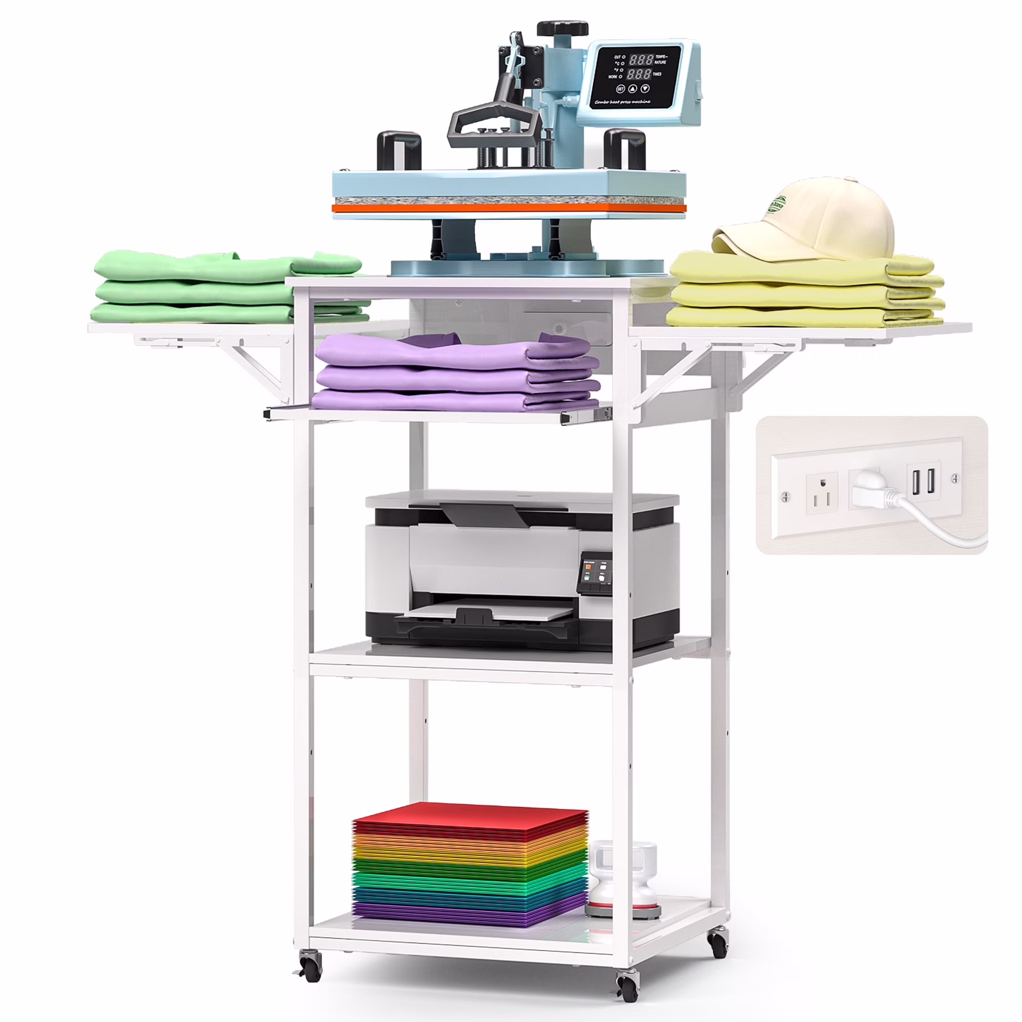 3 Tier Foldable Heat Press Table with Charging Station,Movable Rolling Heat Transfer Machine Cart