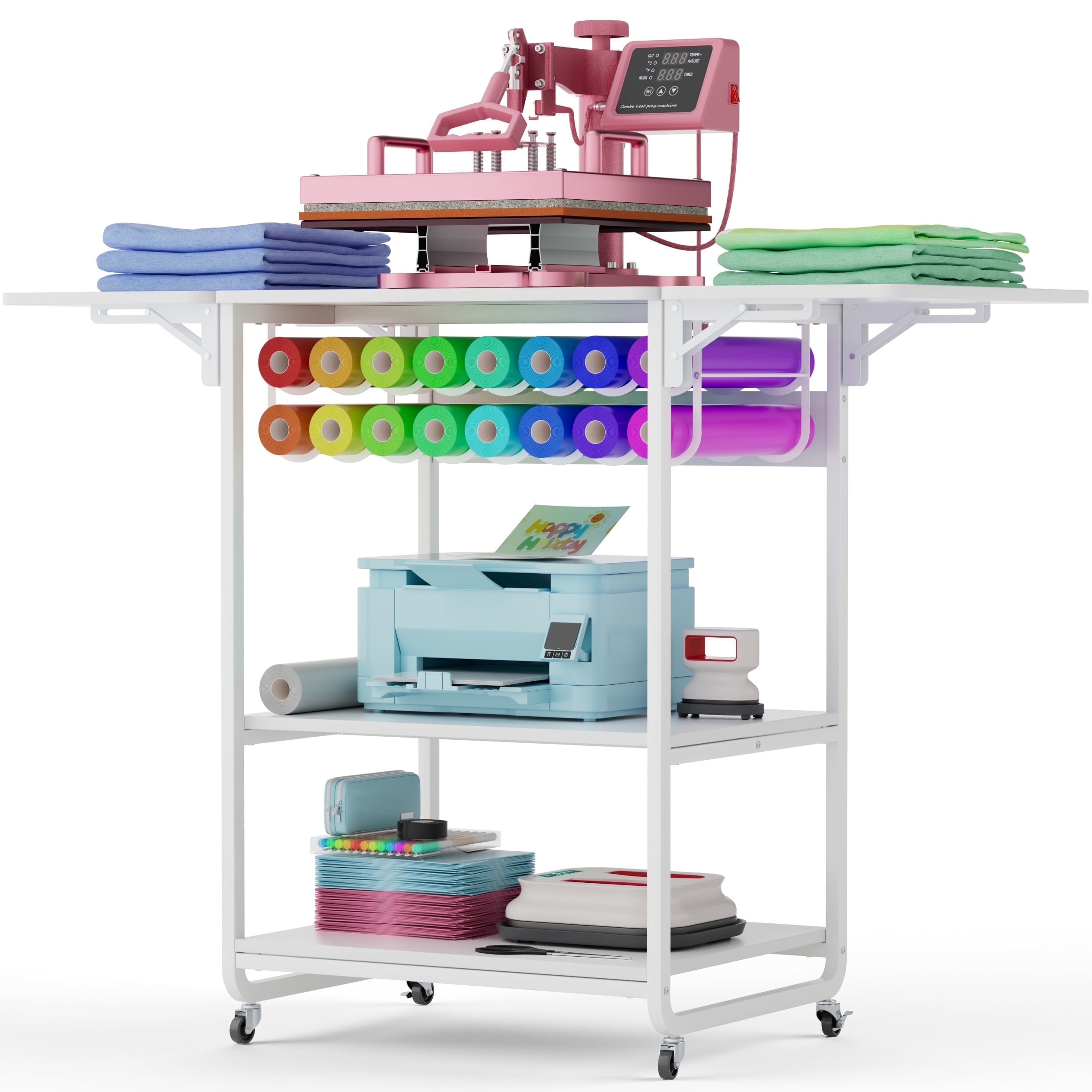 Crafit 3 Tier Heat Press Table Foldable Machine Stand with Vinyl Roll Holder for Craft Home Office