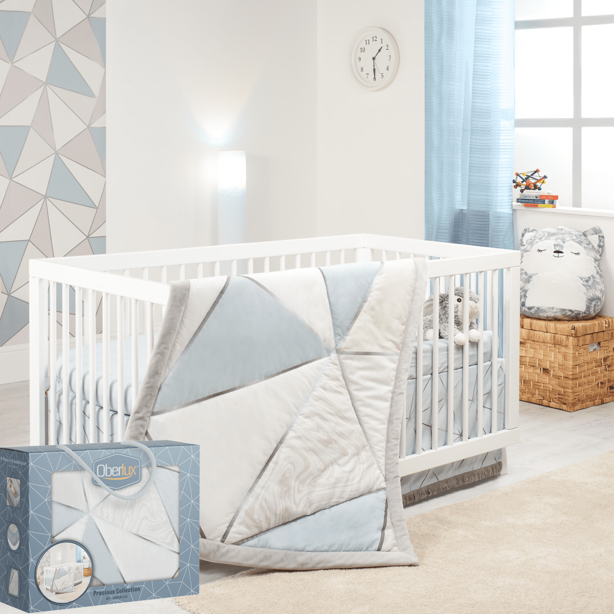 Crib Bedding Set for Boys | 4-Piece Baby Crib Set | Geometric Patterns, Shiny Silver, Baby Blue & Marble Prints | Precious Collection by Oberlux