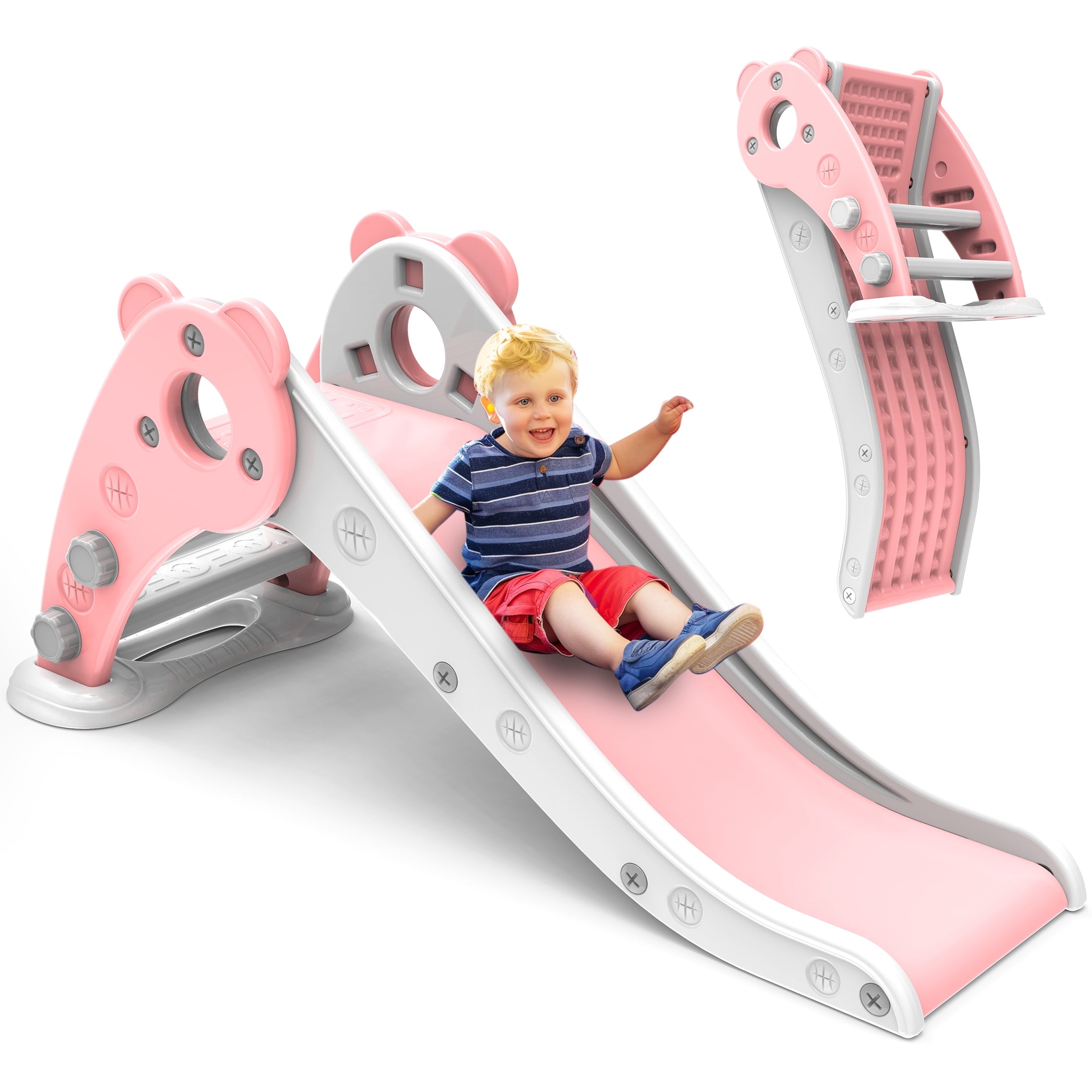Crtynell Kids Slide for Toddlers Age 1-3 Indoor Baby Plastic climbing toys children's playground(Pink+white)