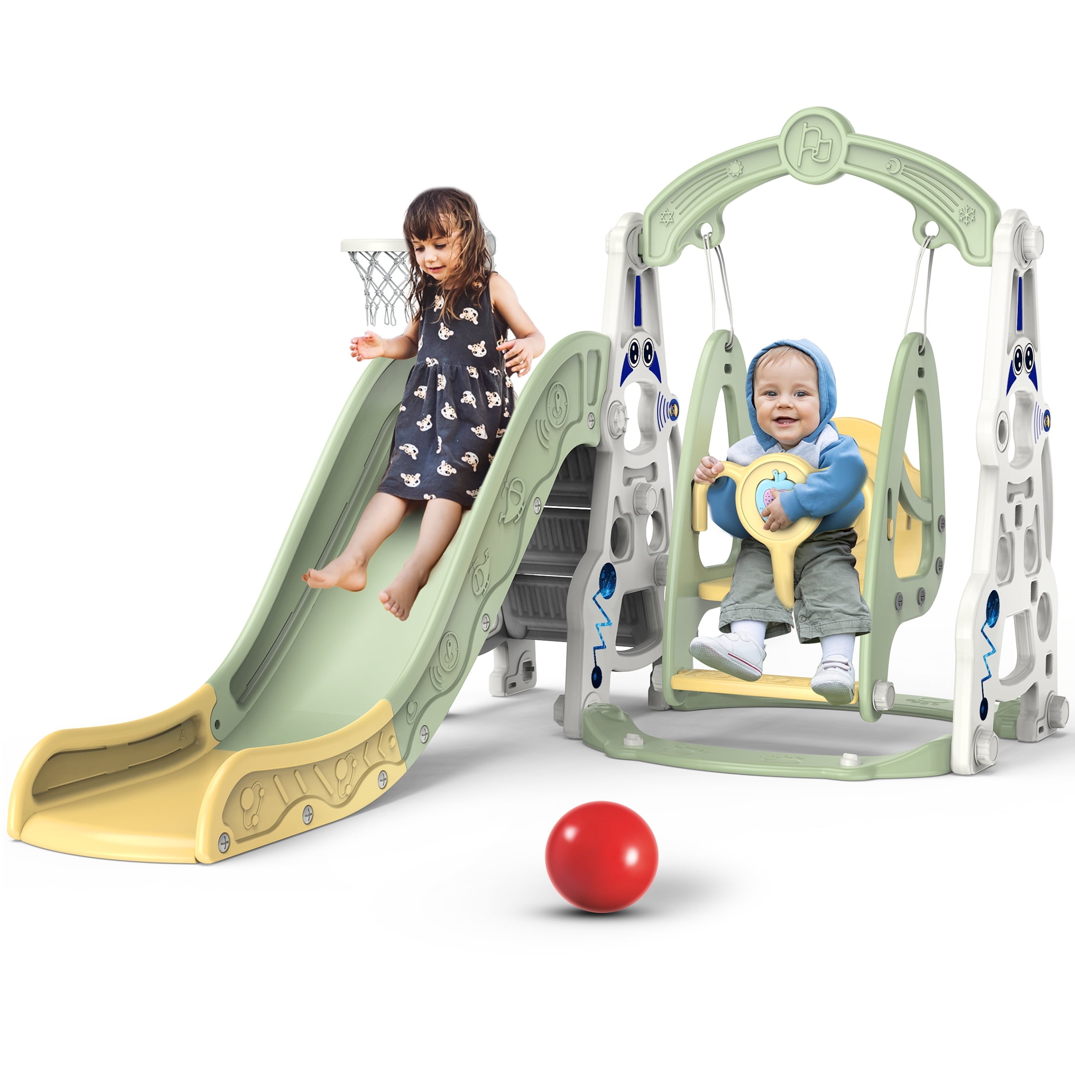 KALNUR 4 in 1 Toddler Slide and Swing Set Kid Slide for Toddlers Age 1-3 Baby Slide with Basketball Hoop, Indoor Outdoor Slide Toddler Playset Toddler Playground