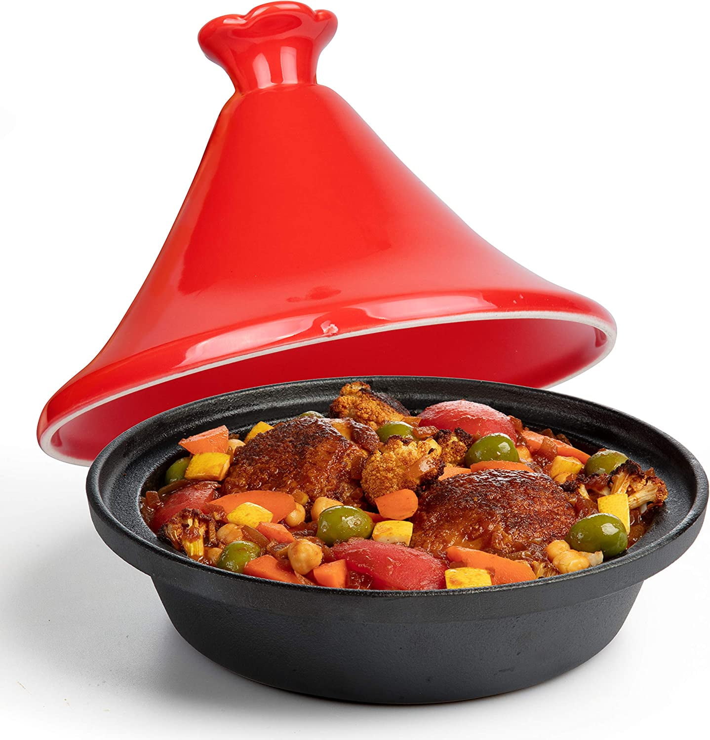 Tagine Moroccan Cast Iron 4 qt Cooker Pot with Recipe Book, Caribbean One-Pot Tajine Cooking, Enameled Ceramic Lid- 500 F Oven Safe Dish w Large Capacity, Cone Shaped Lid, High Quality Cookware Gift
