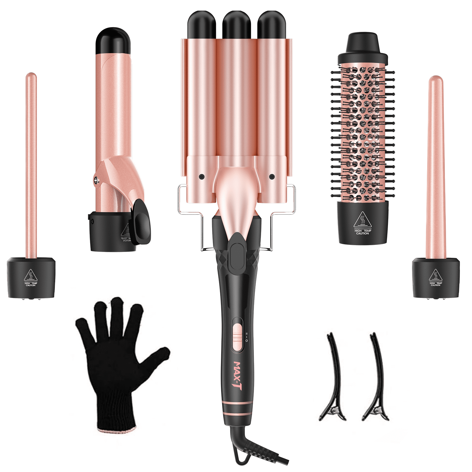 MAXT 5 in 1 Curling Iron Wand Set Dual Voltage 0.35-1.25" Replaceable Ceramic Wand Curler with Glove & Clips Pink