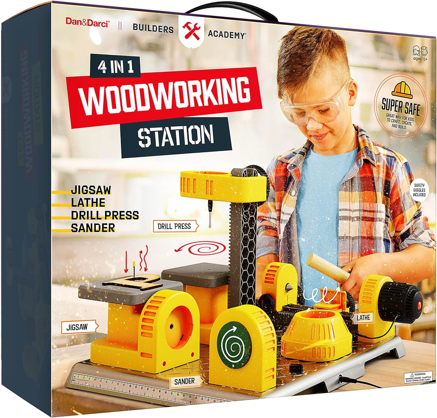 Dan&Darci 4 in 1 Woodworking Station for Kids - Wood Building Projects Kit for Boys - Real Construction Tools Sets - Boy Tool Set - Easter Gifts for Boy Age Year Old - Cool STEM Toys Kits Gift