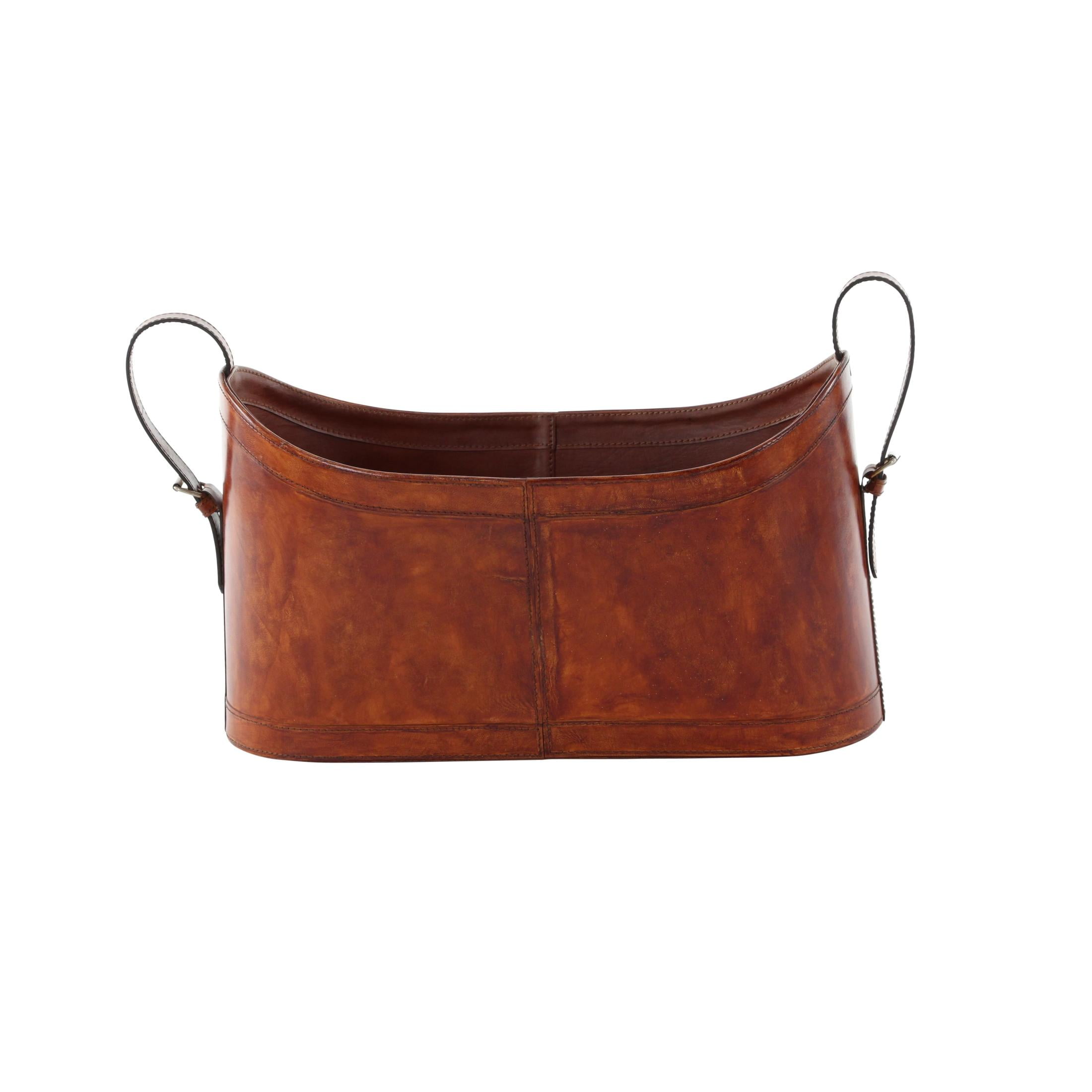 DecMode 12" Brown Leather Handmade Curved Box Style Single Slot Magazine Holder with Buckle Handles