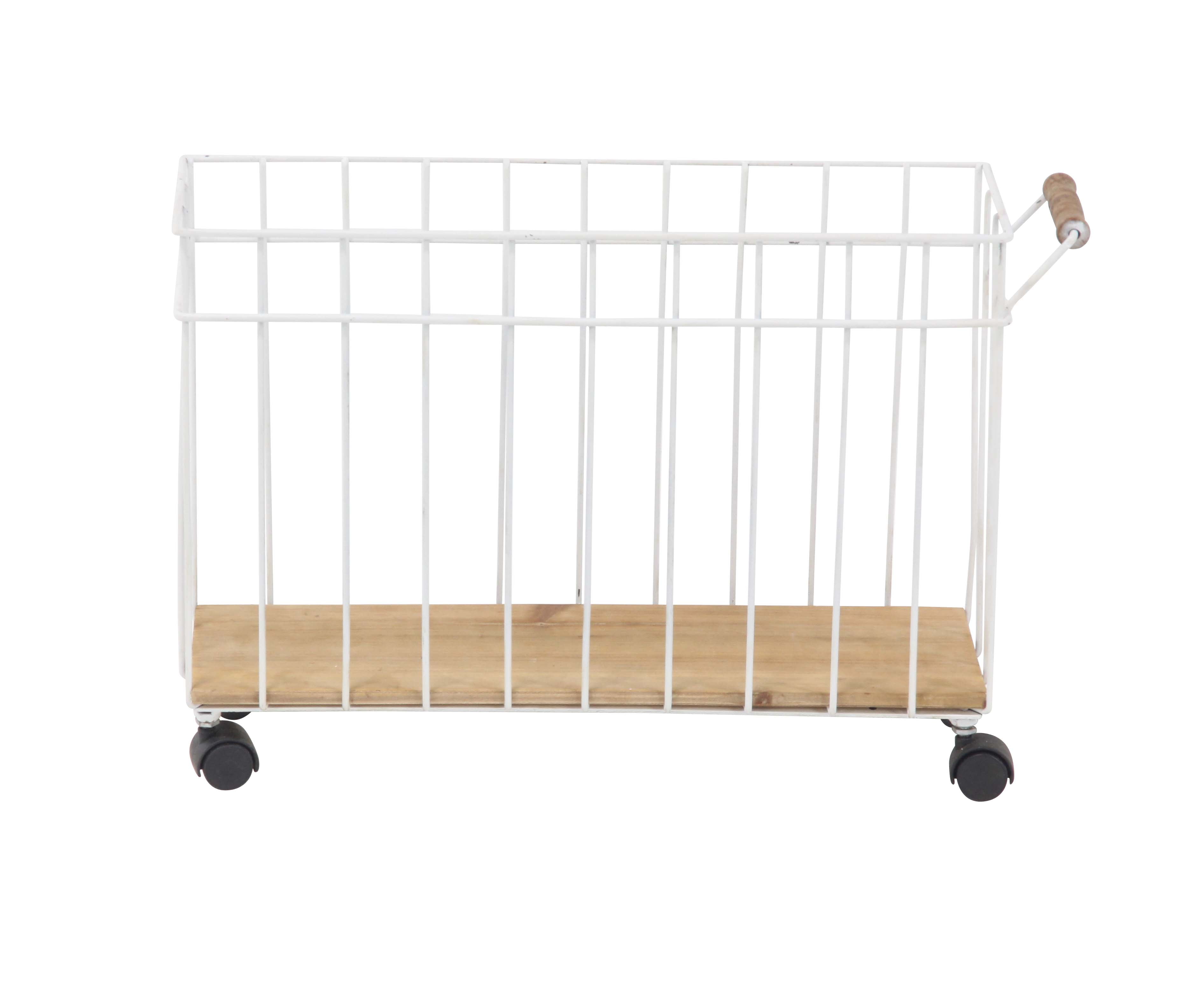 Decmode Rustic Fir Wood and Metal Magazine Basket With Caster Wheels, White