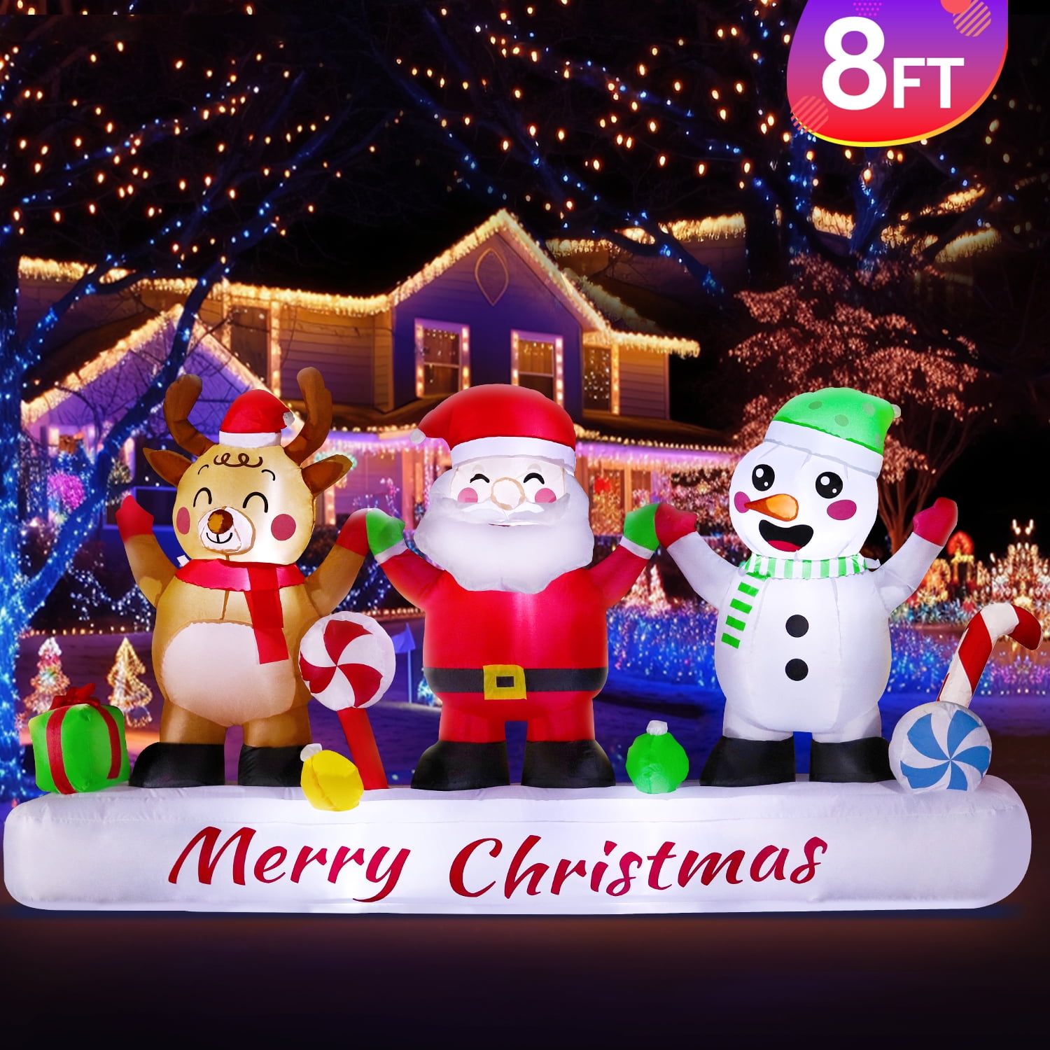 DeeKom 8' Christmas Inflatable Outdoor Decorations, Xmas Blow Up Banner with Santa Claus, Snowman and Reindeer, Built-In LEDs