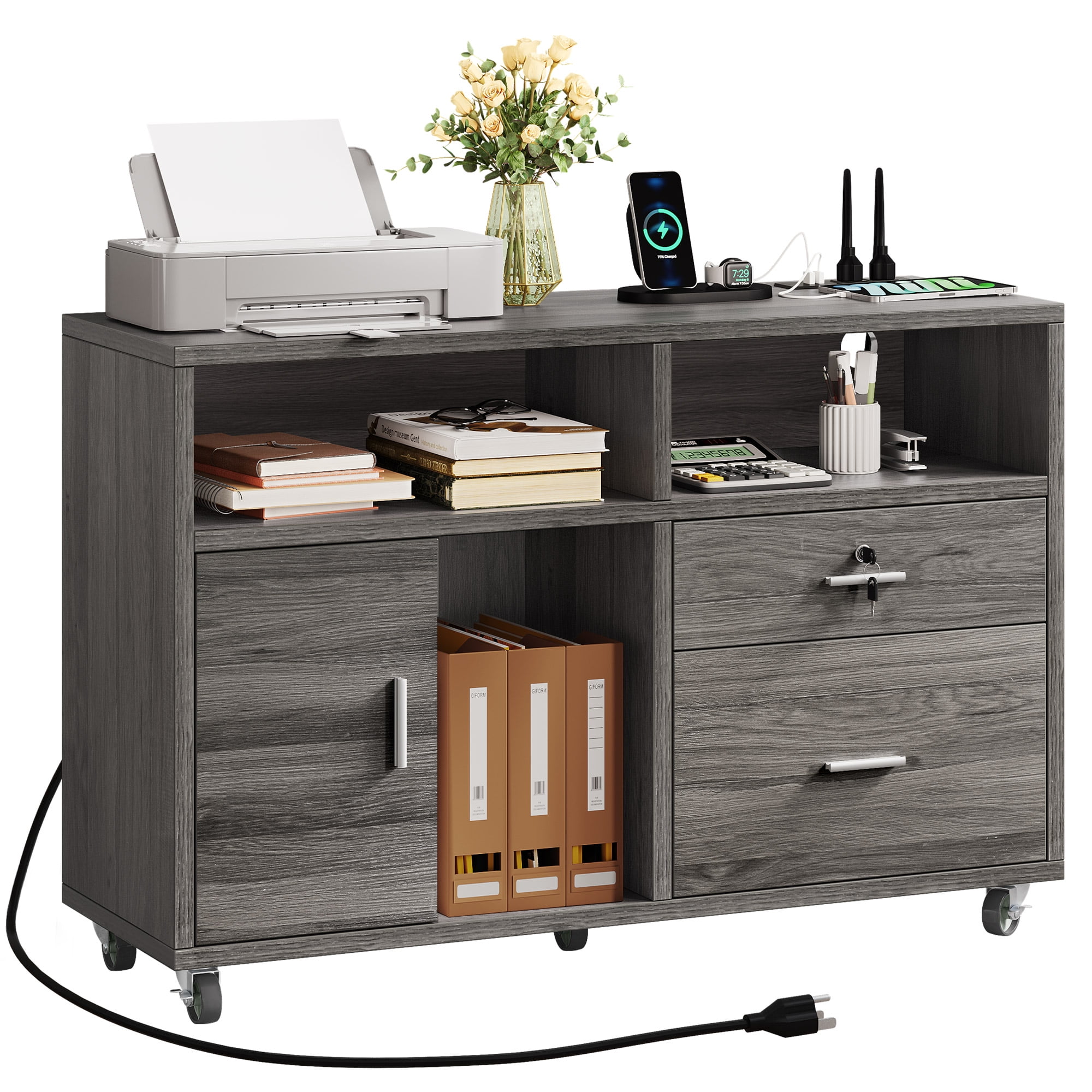 Dextrus Wood File Cabinet with Charging Station and Lock, 2 Drawer Mobile Lateral Filing Cabinet, Gray