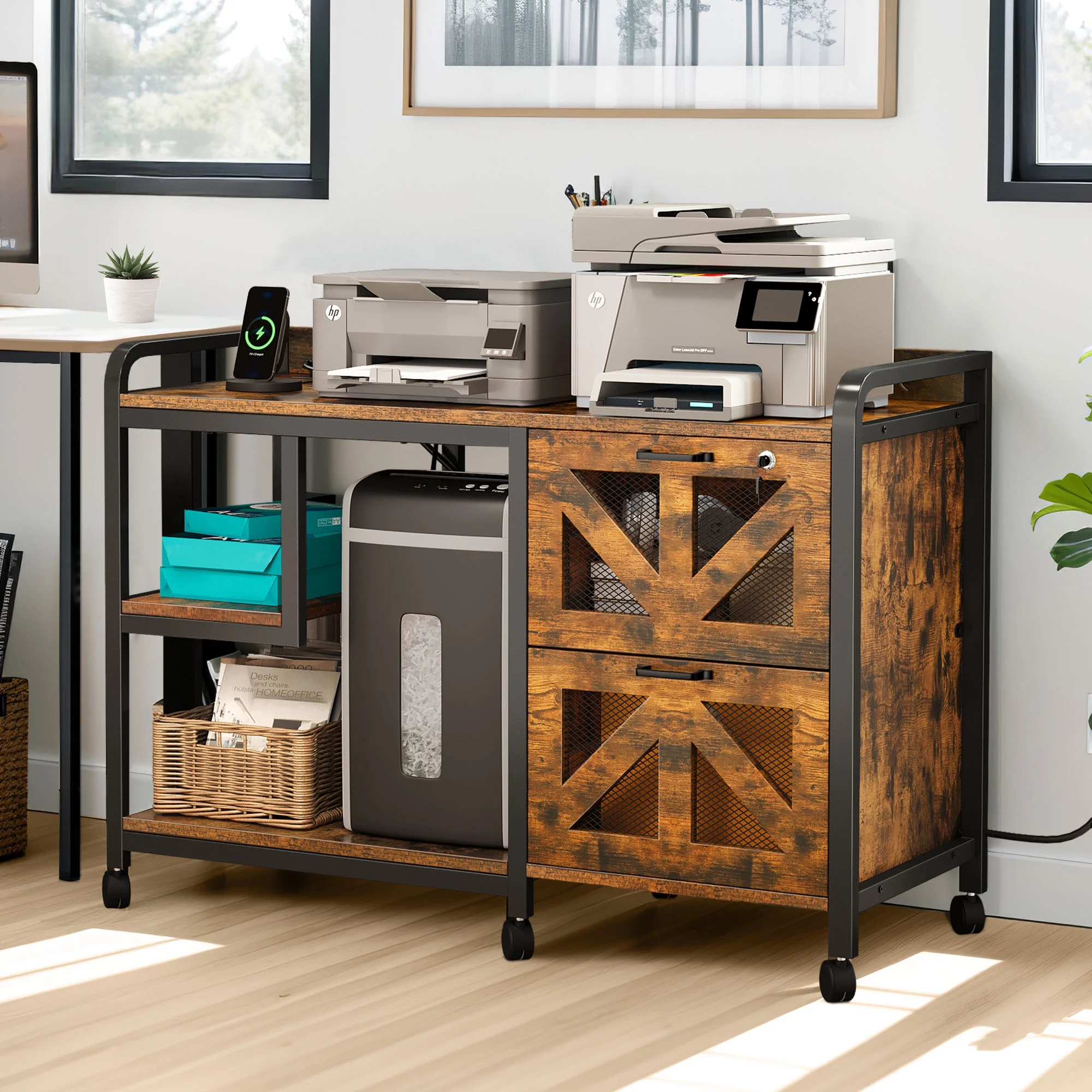 DEXTRUS File Cabinet with Charging Station , Printer Table Rolling File Cabinet , Black