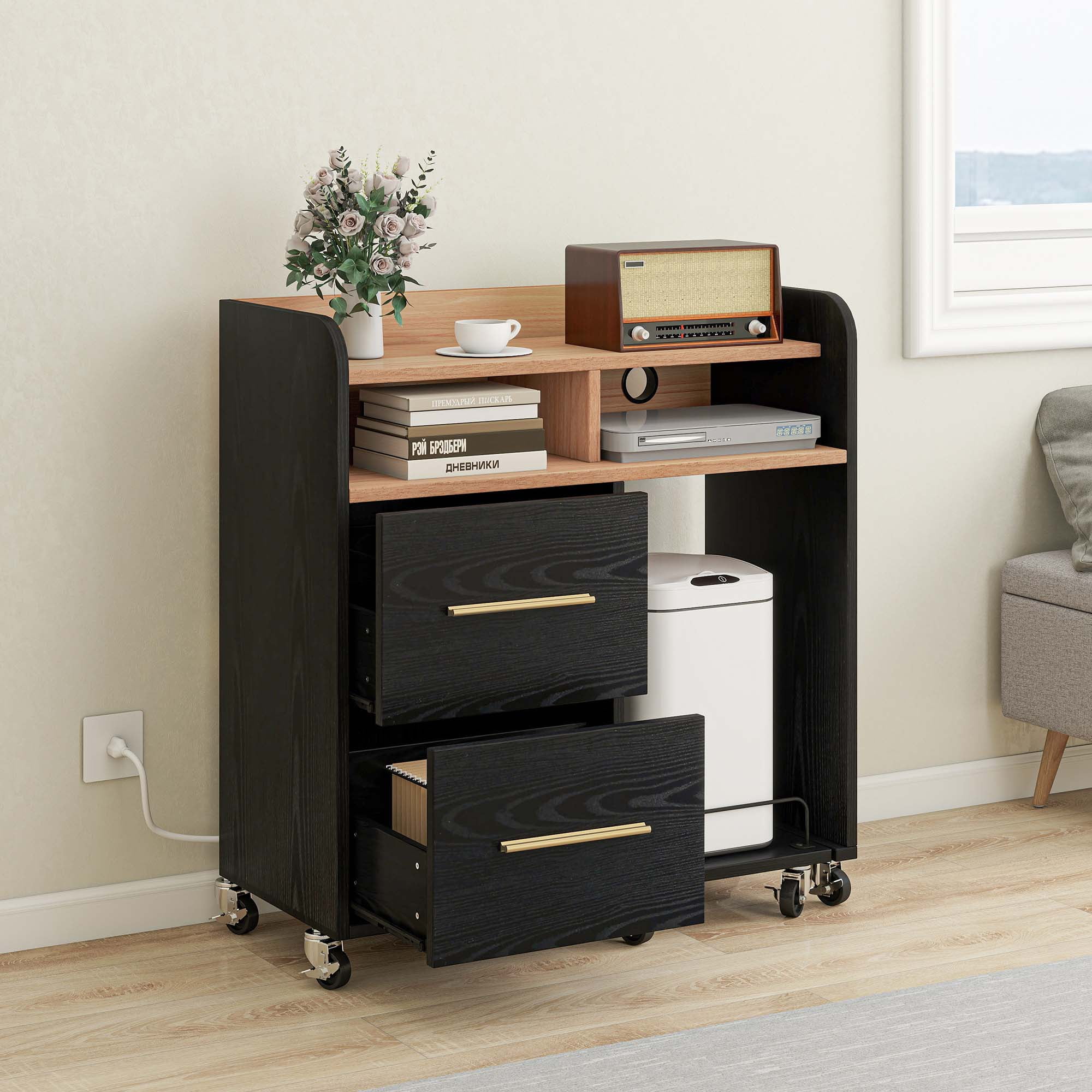 DEXTRUS Black File Cabinet with Charging Station, Shredder Stand, Printer Table, and 2-Drawer Storage