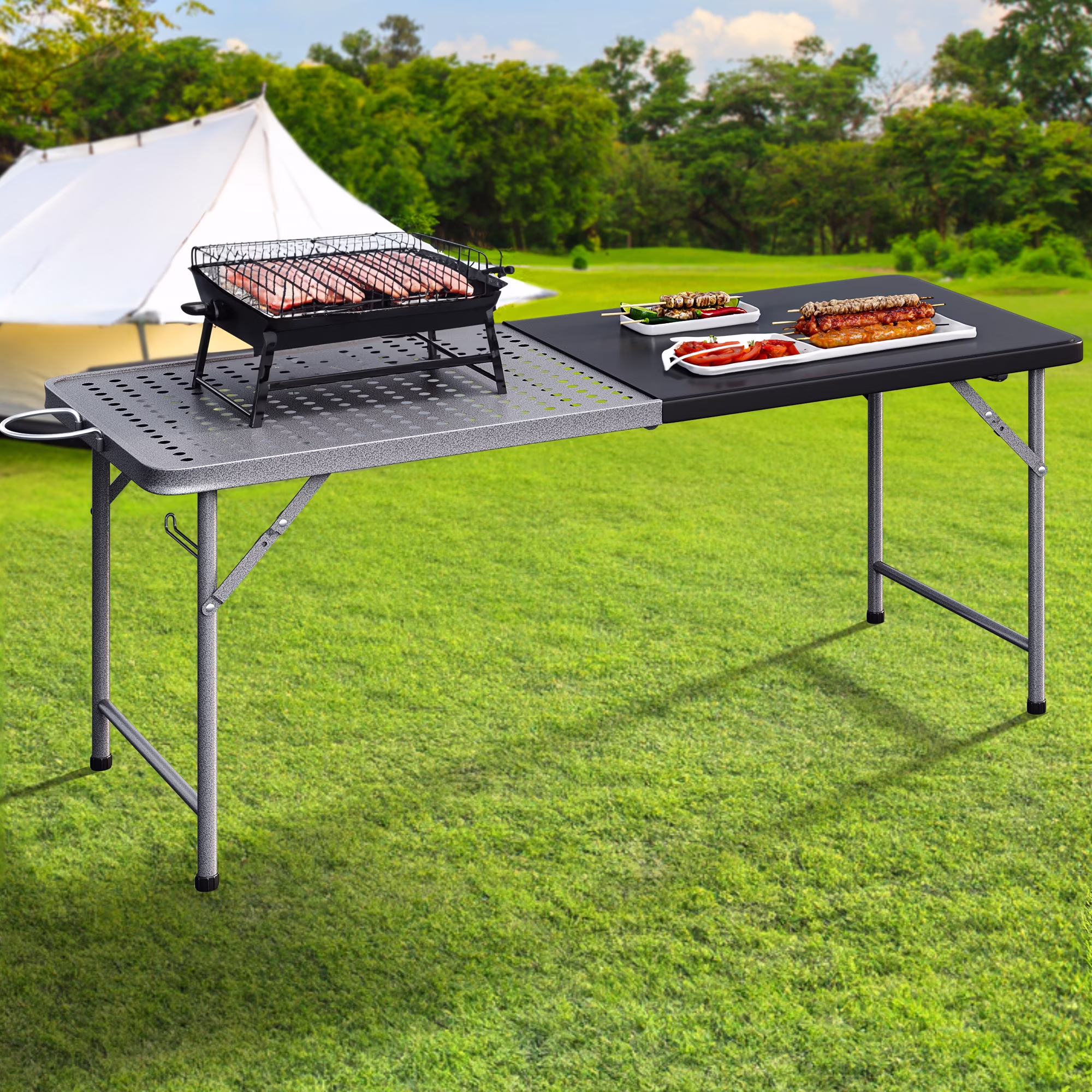 Dextrus Portable Folding Grill Table, 6Ft Metal Outdoor Table with Mesh Surface, 2-in-1 Design for Camping, BBQ, Picnic, Black