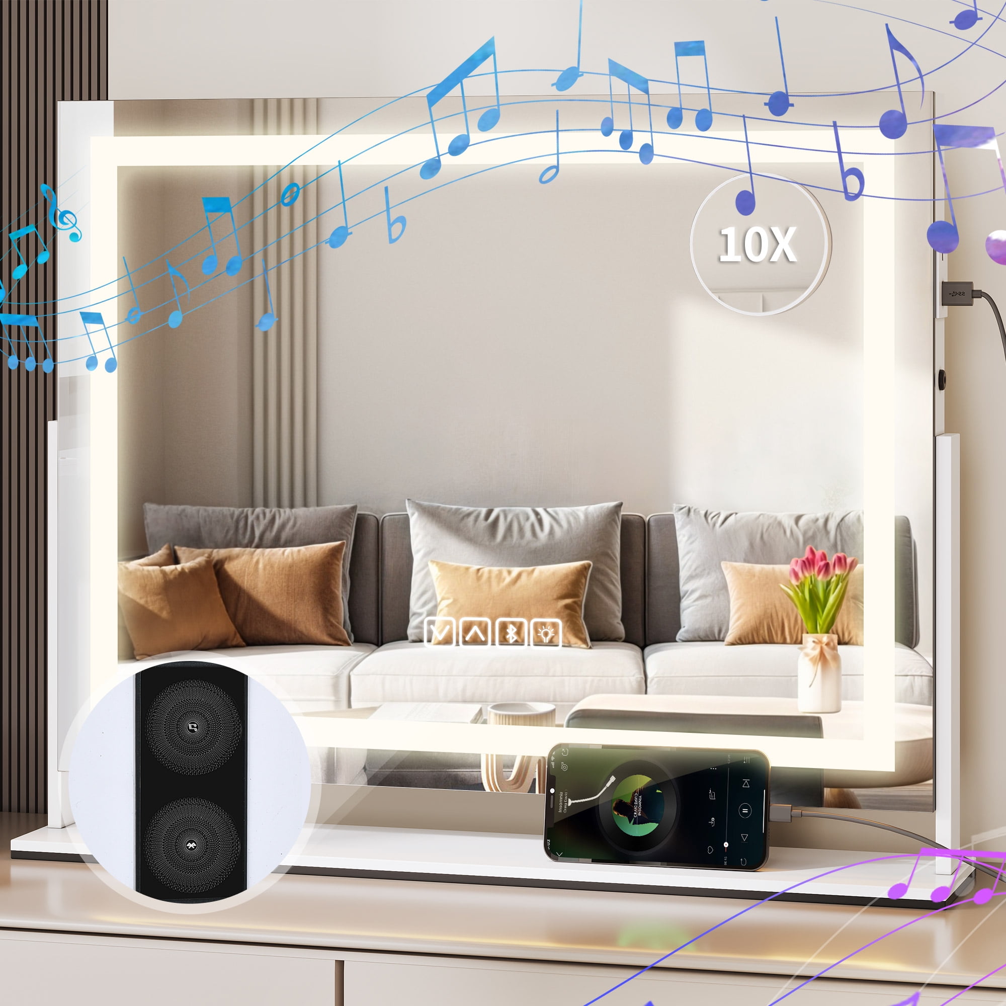 Dextrus Vanity Mirror with Lights and Bluetooth Speaker, 24.6" x 22.8" LED Makeup Mirror