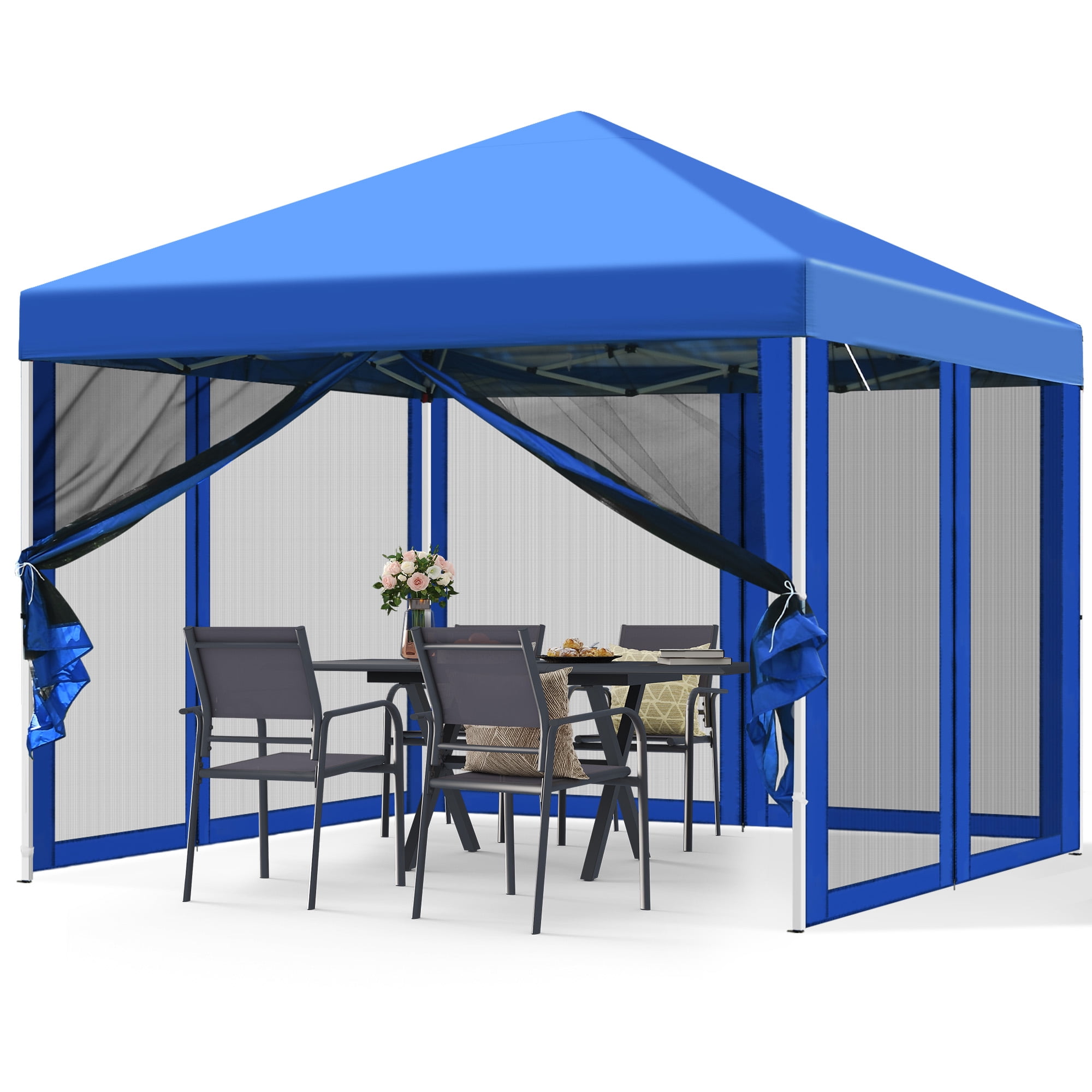 Dextrus 10x10 ft Outdoor Easy Pop Up Canopy Tent with Netting Mesh Sidewalls, Outdoor Canopies & Shelters - Blue