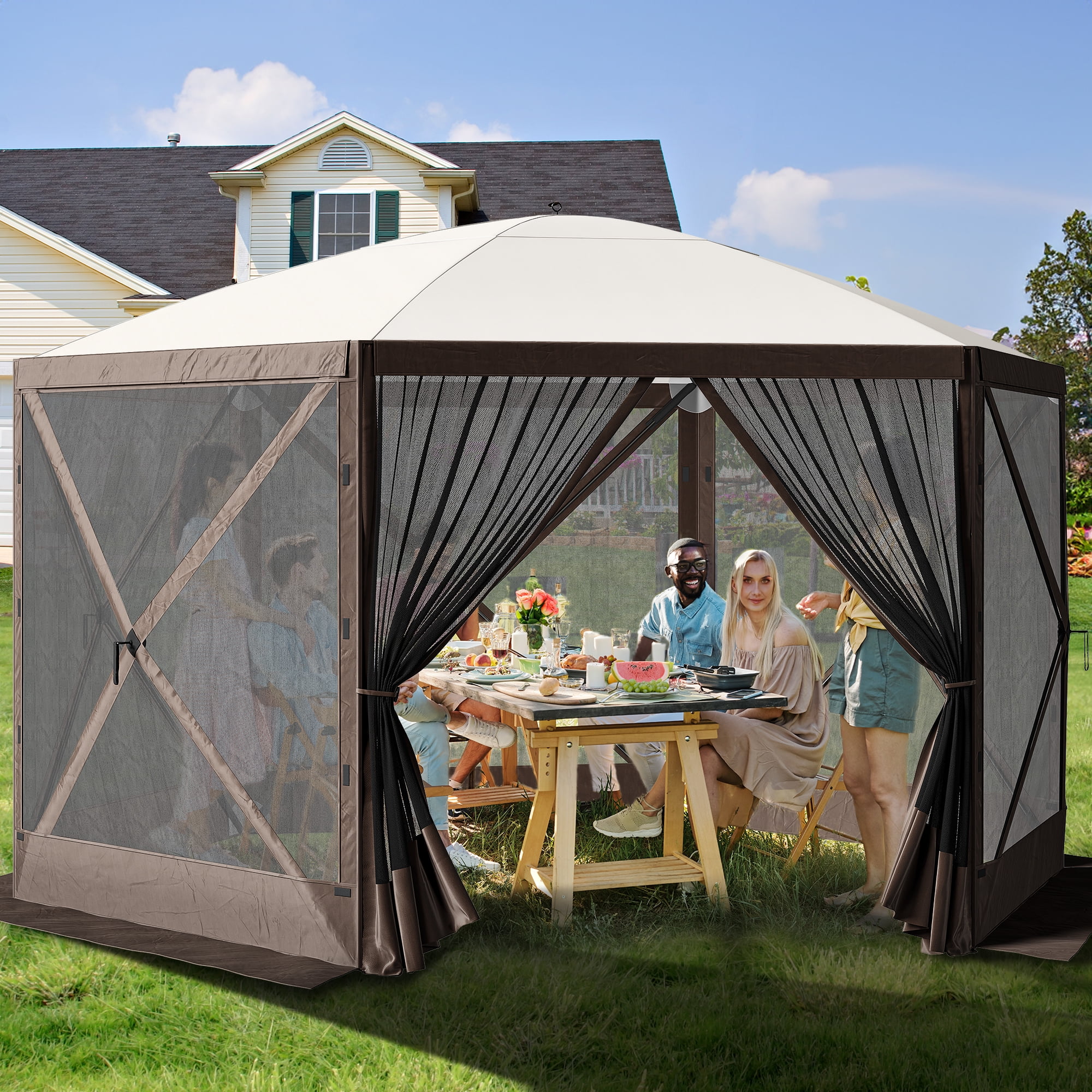 Dextrus 12x12ft Camping Gazebo, Portable Pop Up Canopy Outdoor Screen Tent 6 Sided with Mesh Windows and Carry Bag for Camping, Picnic, Backyard Party Outside Activities, Brown