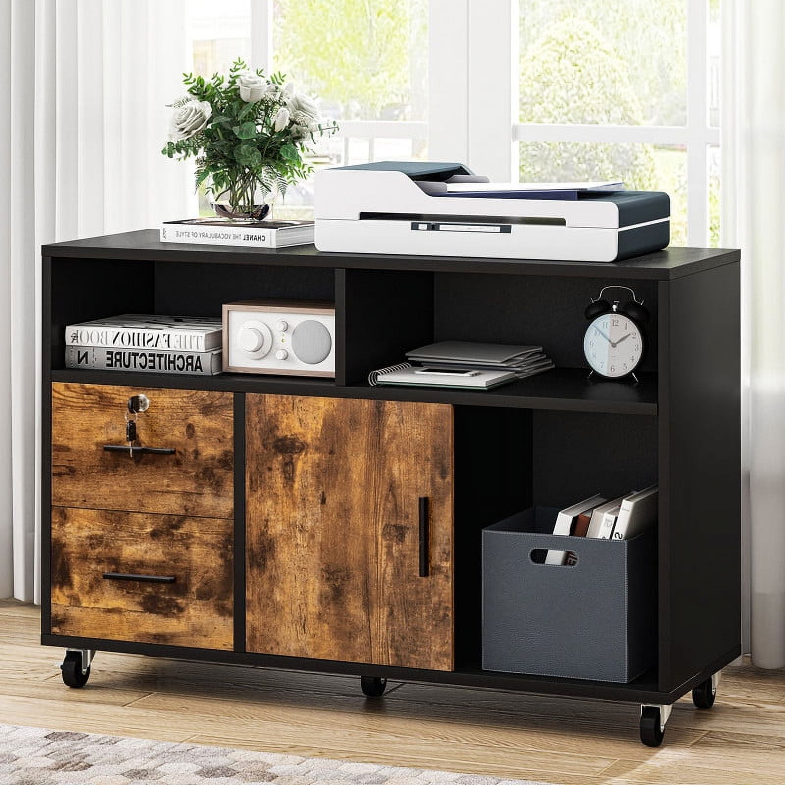 Dextrus 2 Drawer Wood File Cabinet, Mobile Lateral Filing Cabinet with Lock, Printer Stand with Open Storage Shelves for Home Office,Black & Rustic Brown