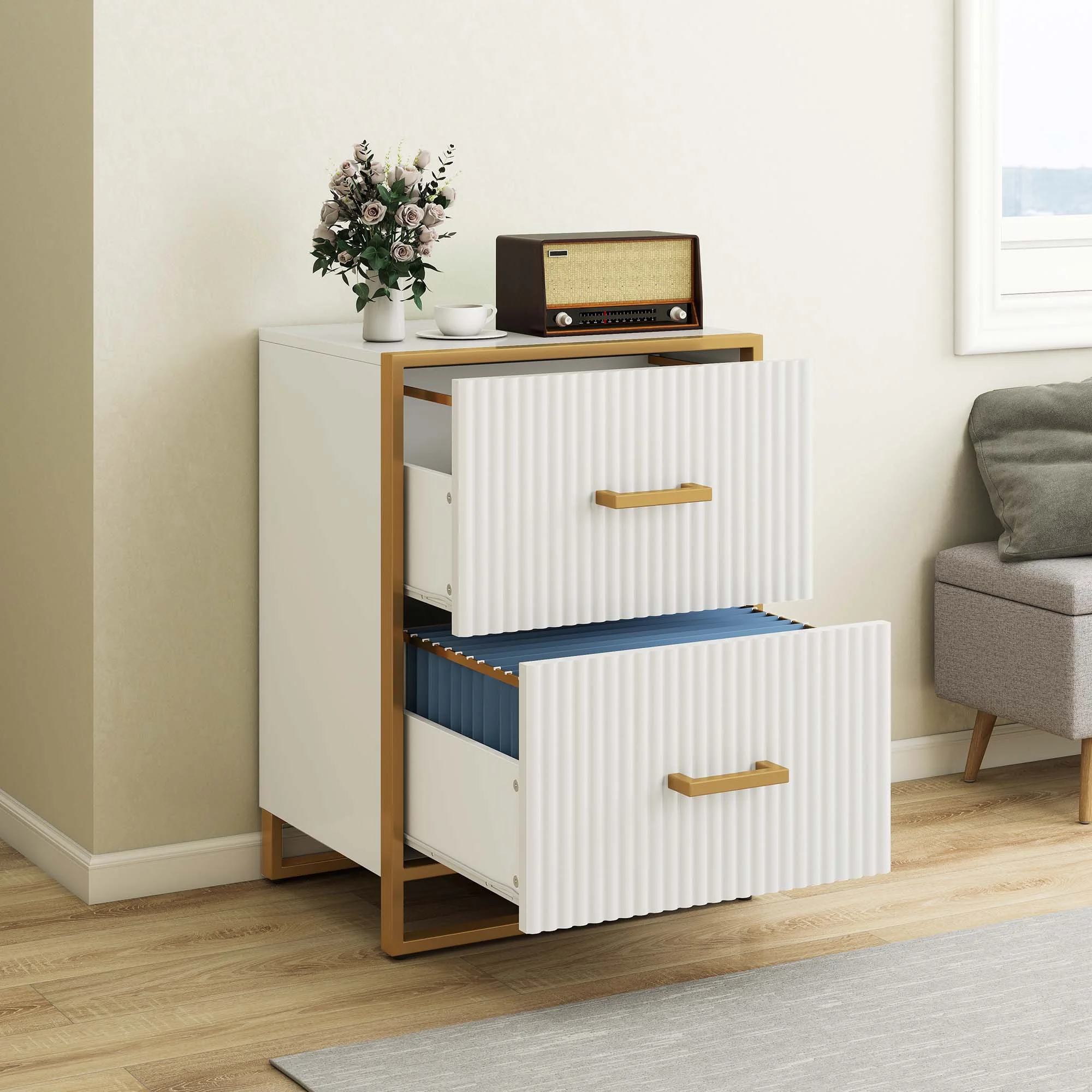 Dextrus 2 Drawer File Cabinet with Metal Legs , Wood Lateral Filing Cabinet Printer Stand Fits A4 Letter Legal Size Files for Home Office, White & Gold
