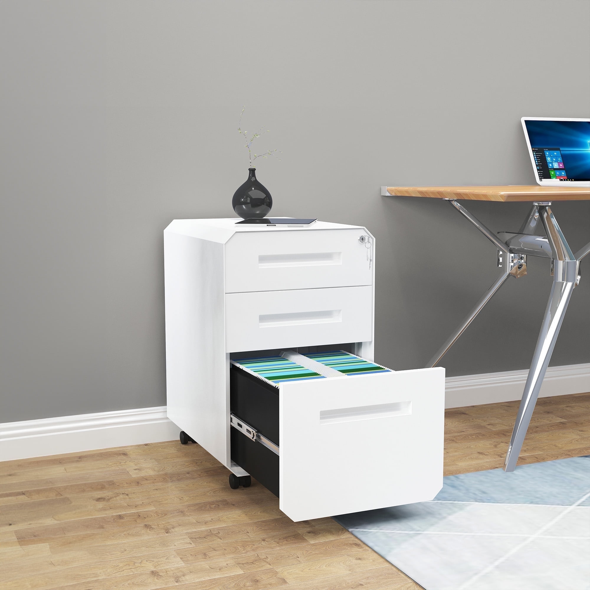 Dextrus 3-Drawer Metal Filing Cabinet, Pre-Assembled Portable File Cabinet with Lock, Divider and Pencil Tray, White