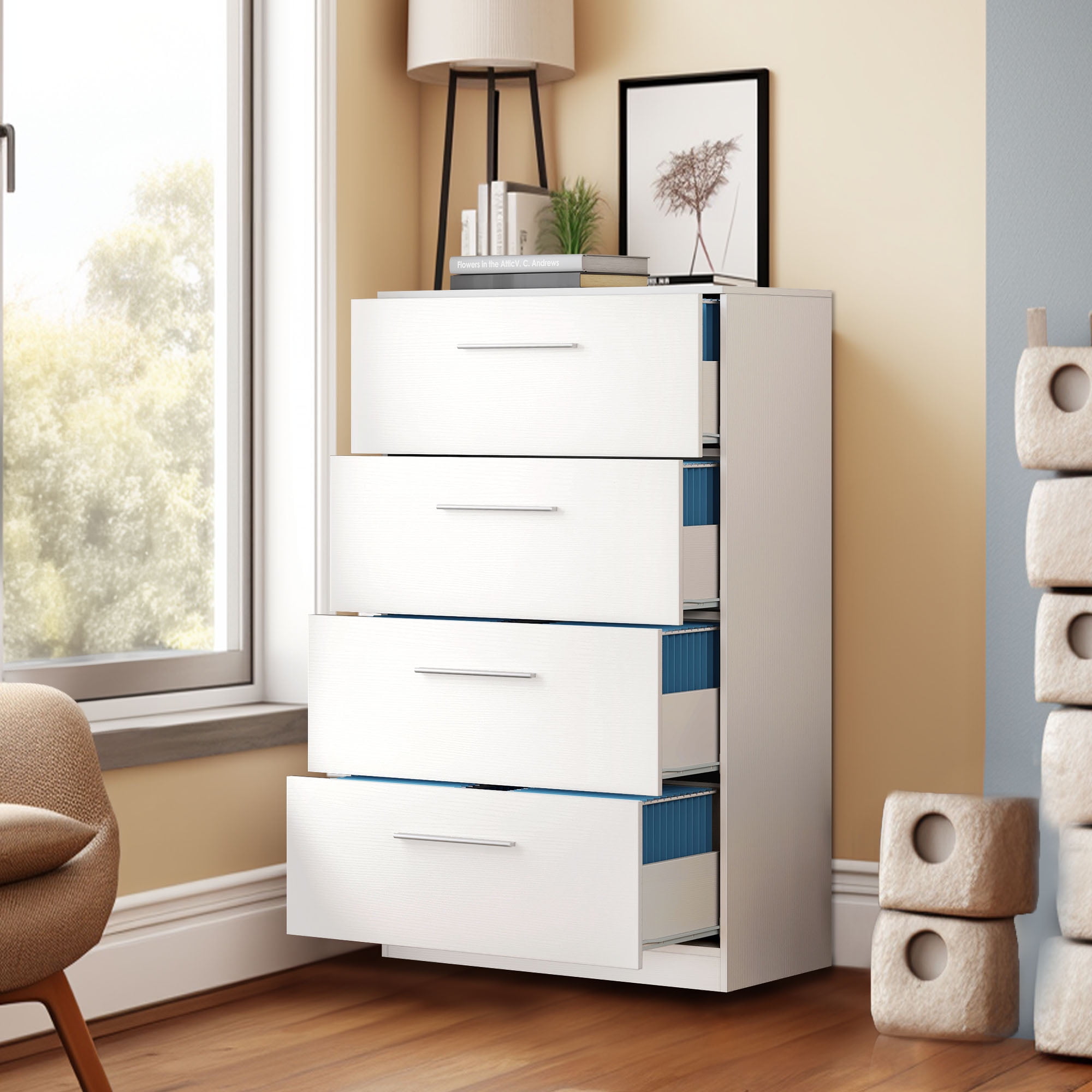 Dextrus 4-Drawer Wood File Cabinet,Deep Vertical Filing Cabinet, Storage File Drawers, White