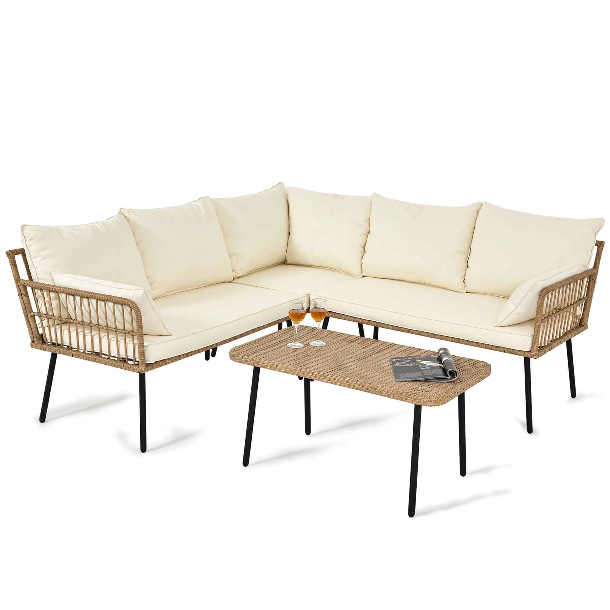 Dextrus 4 Pcs Patio Sofa set, Outdoor Boho Sectional Furniture L-Shaped Conversation Sofa set 5 Seats with Cushions and PE Rattan Side Coffee Table - Beige