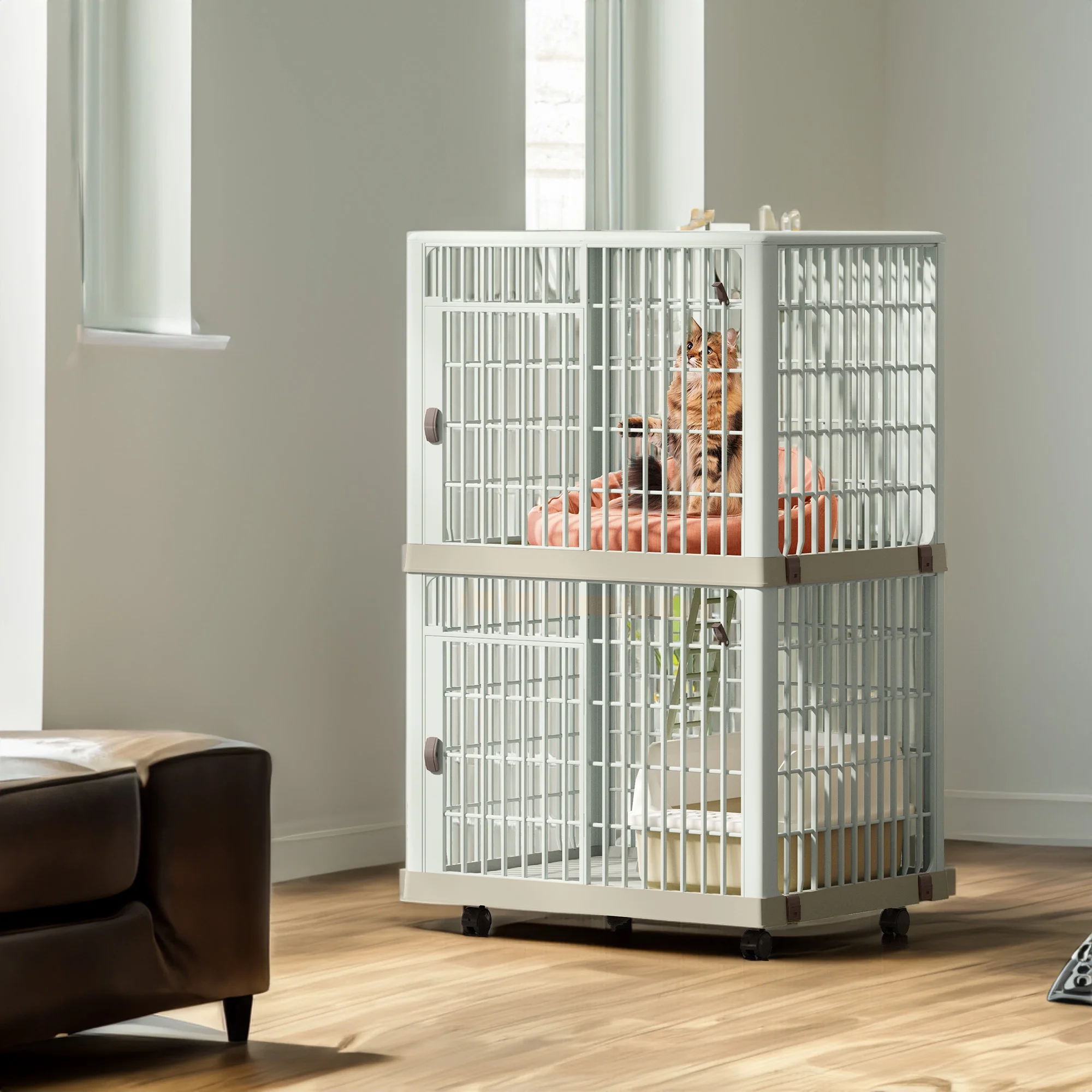 Dextrus 2-Tier Cat Cage,Cat Crate with Door Locks and Bottom, Three-Door Design Plastic Ferret Cage Large Cage, Indoor Cat Cage with Wheels and Ladder,41"