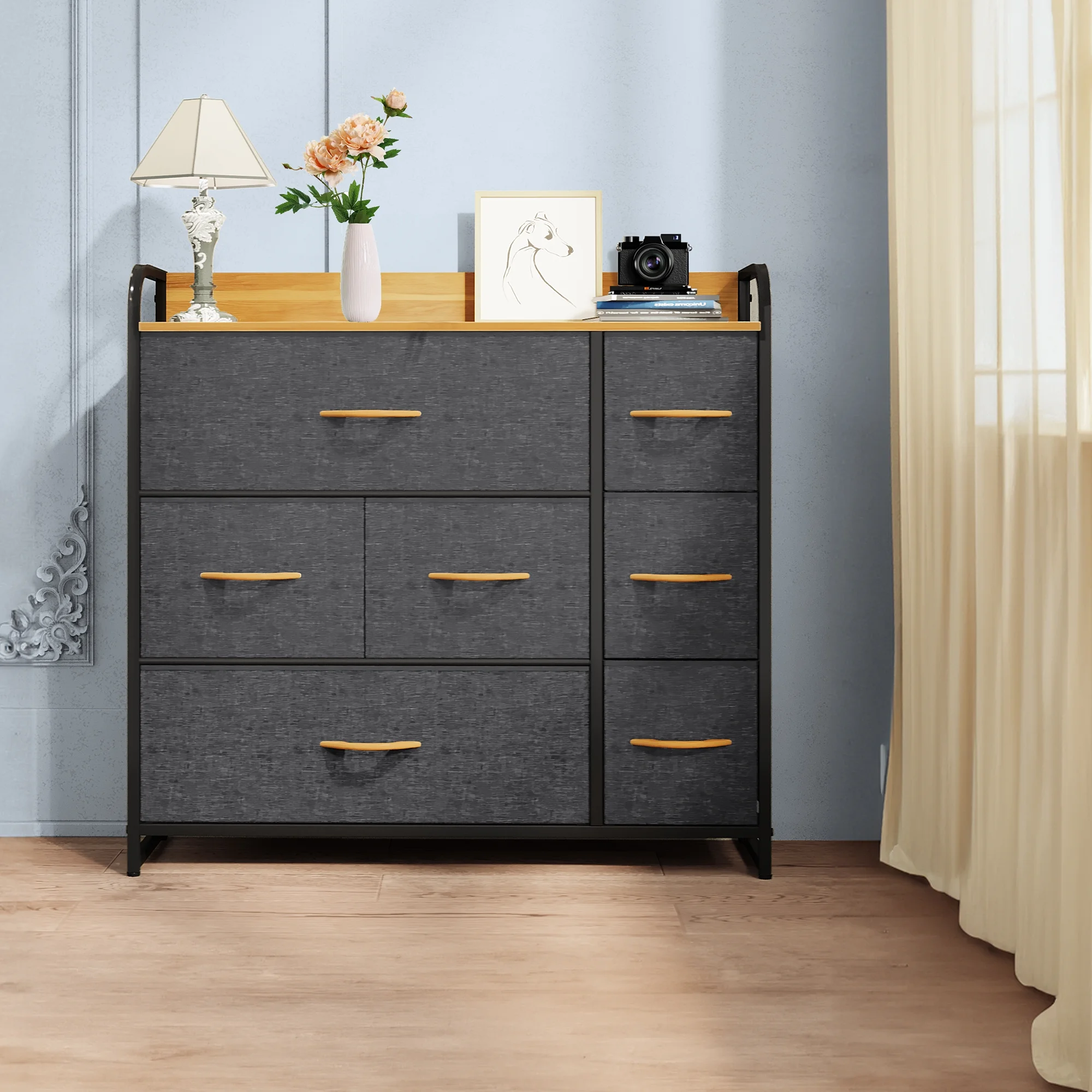 YITAHOME 7-Drawer Fabric Dresser, Dark Gray Storage Tower with Wooden Top Shelf for Adults' Bedroom