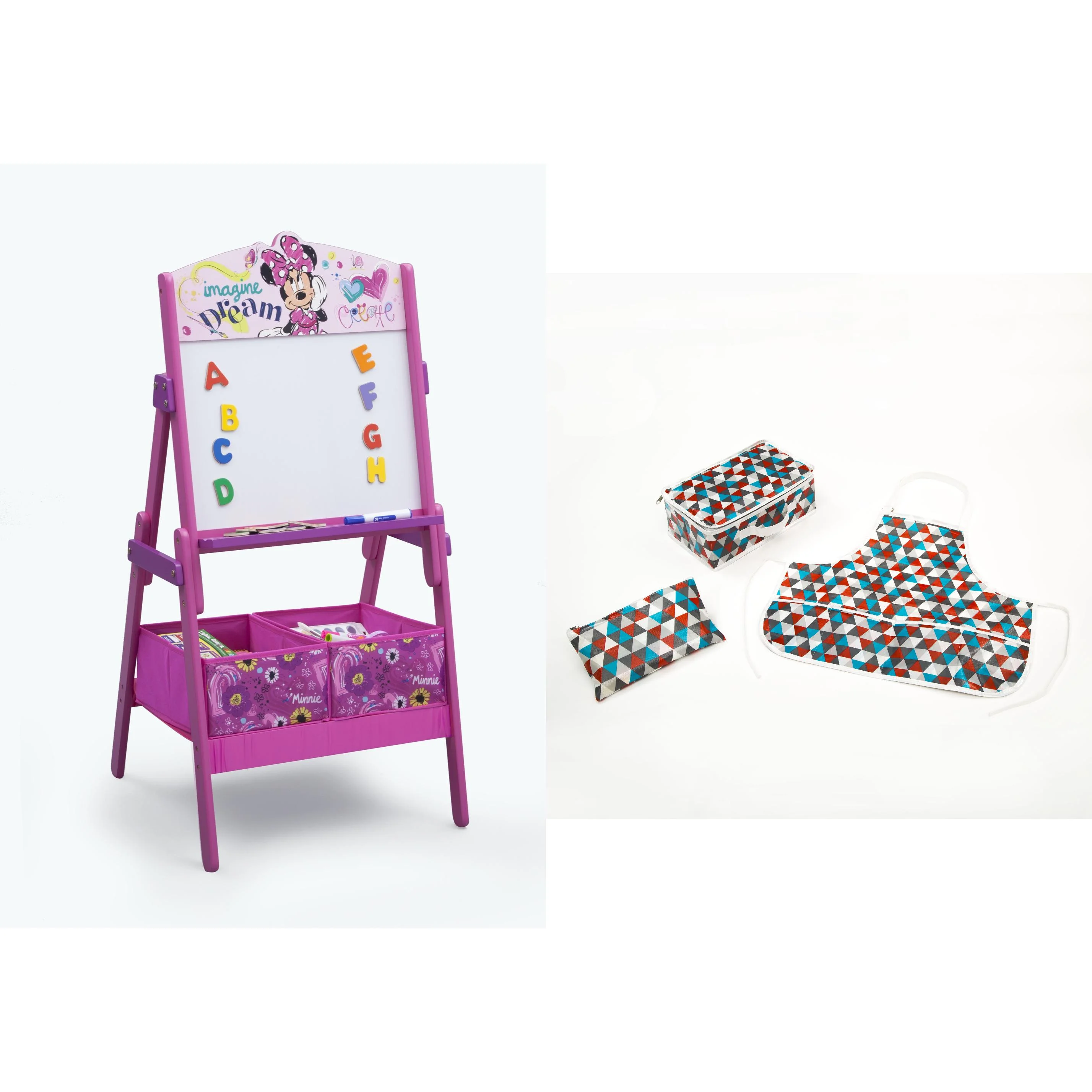 Delta Children Artist Bundle: Disney Minnie Mouse Activity Easel With 3-Piece Kids Art Set: Apron, Market Holder & Storage Case