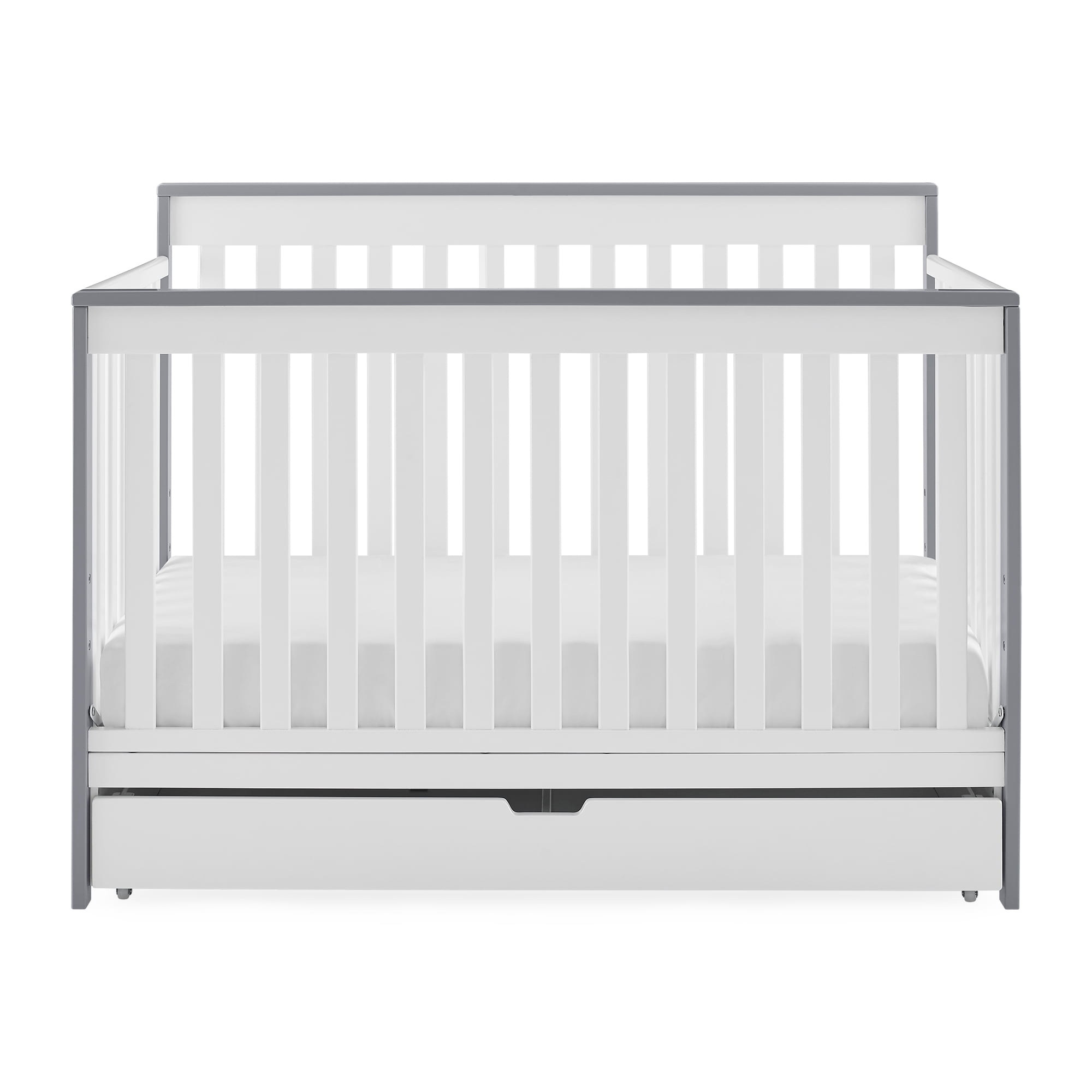 Delta Children Mercer 6-in-1 Convertible Crib with Storage Trundle, Greenguard Gold Certified, Bianca White/Grey