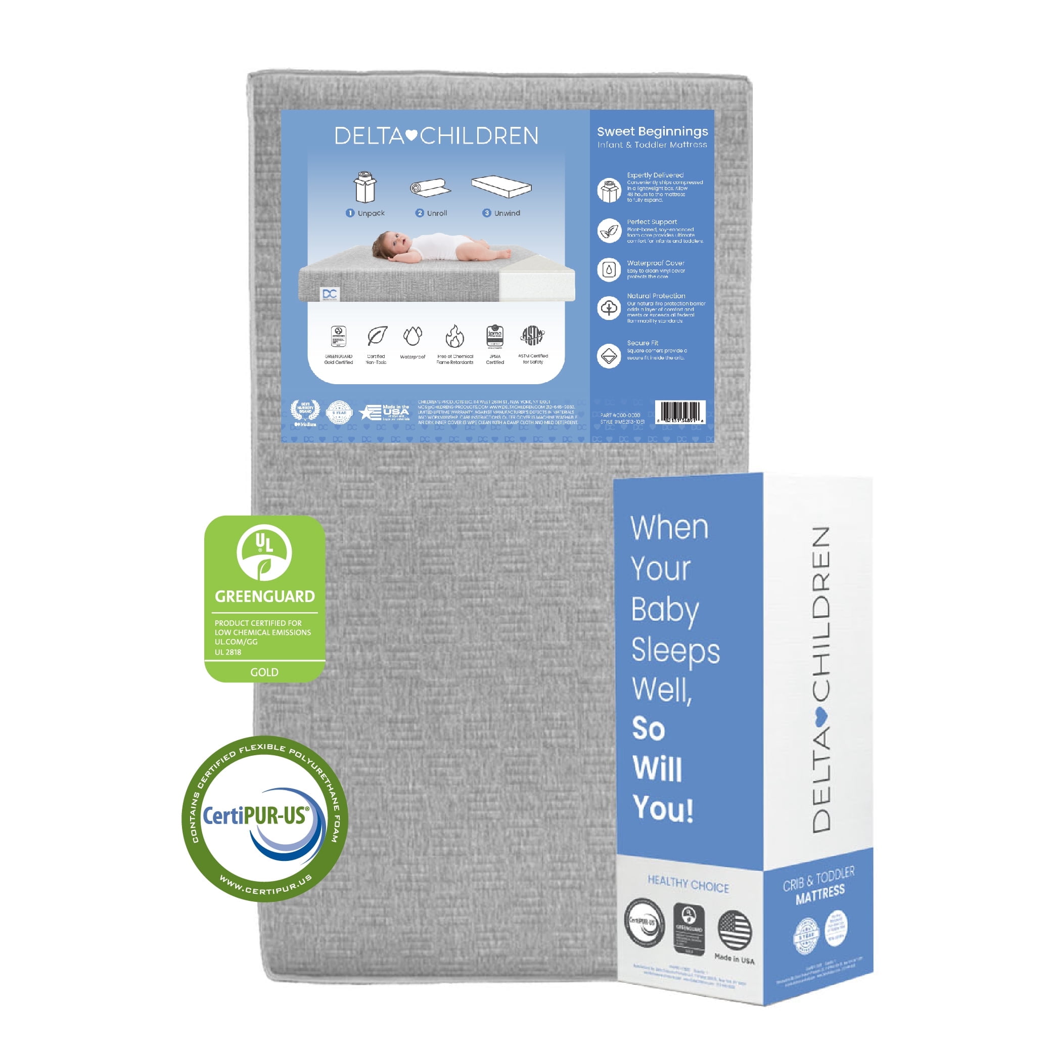 Delta Children Sweet Beginnings Dual Sided Baby Crib Mattress and Toddler Mattress, GREENGUARD Gold and CertiPUR-US Certified, Firm Plant-Based Foam, Waterproof, 5 Year Warranty